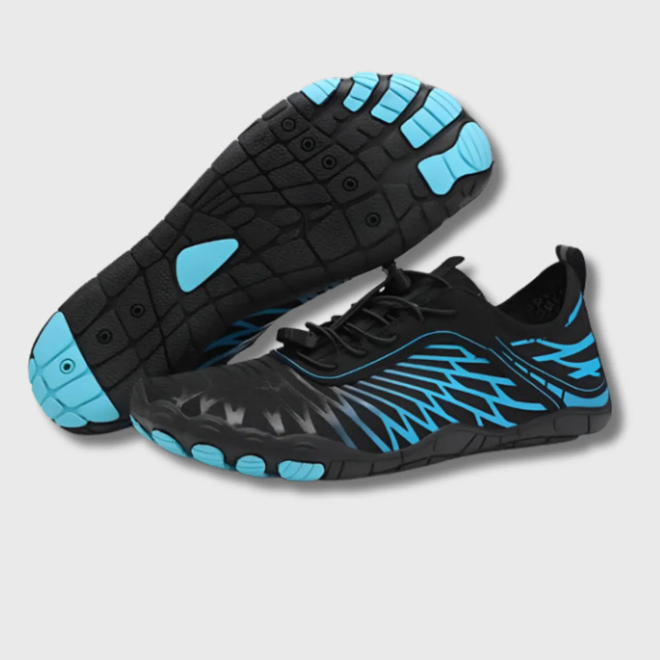 Barfußschuh schwarz und blau, Paaransicht mit Sohle