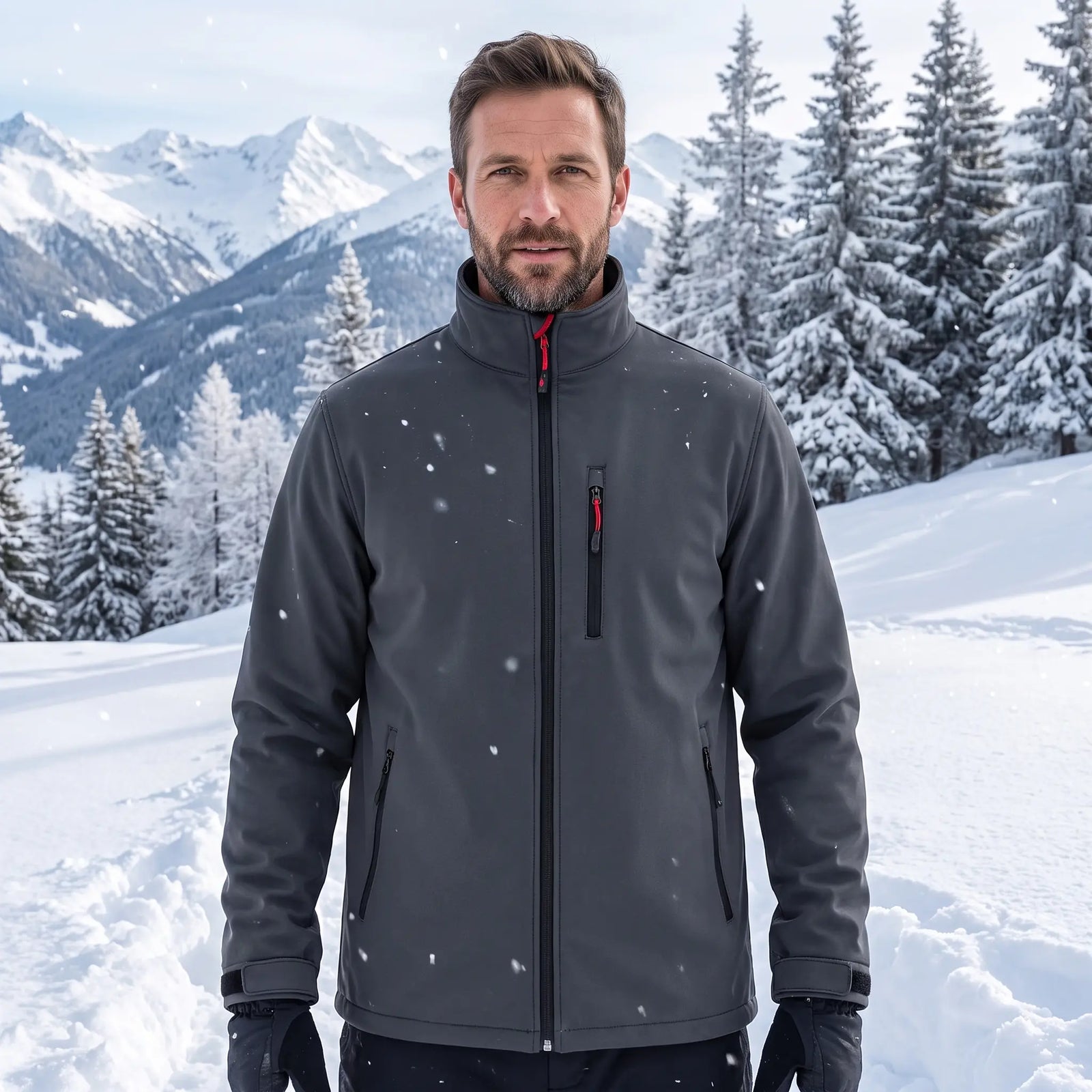 Herren Softshell-Skijacke Grau im Schnee