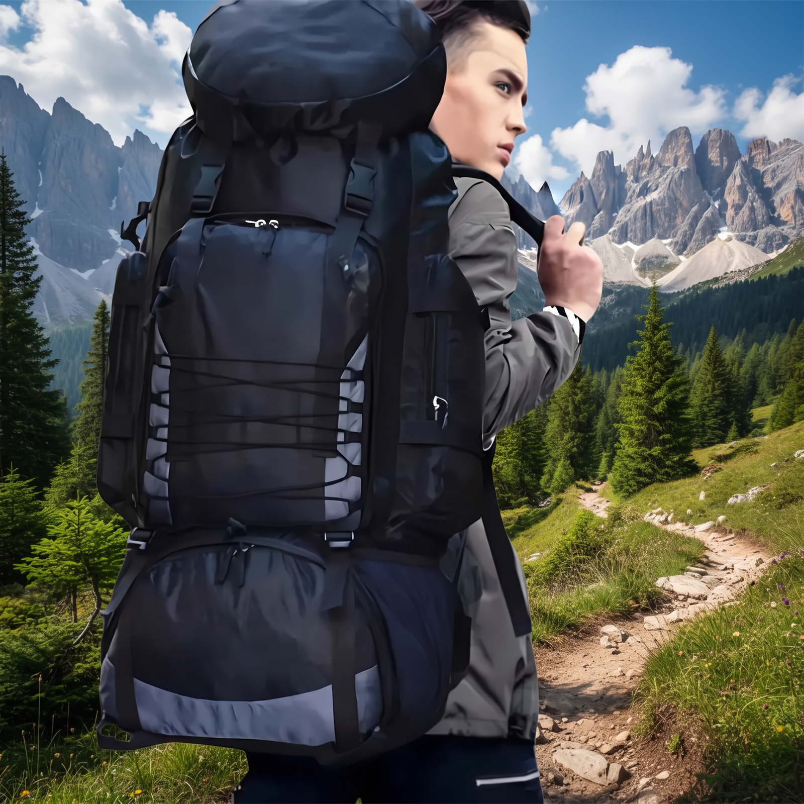 Wanderer mit Trekkingrucksack 90 L in den Bergen