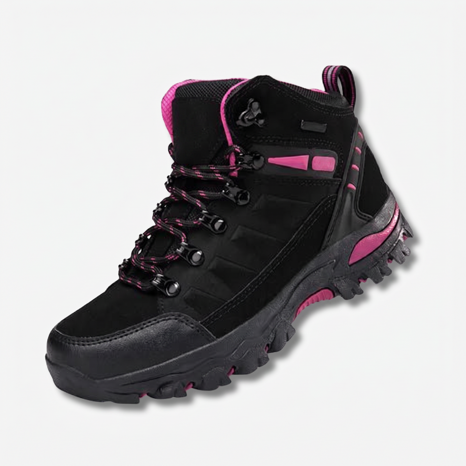 Wasserdichte Wanderschuhe für Damen in Schwarz mit pinken Akzenten, Seitenansicht