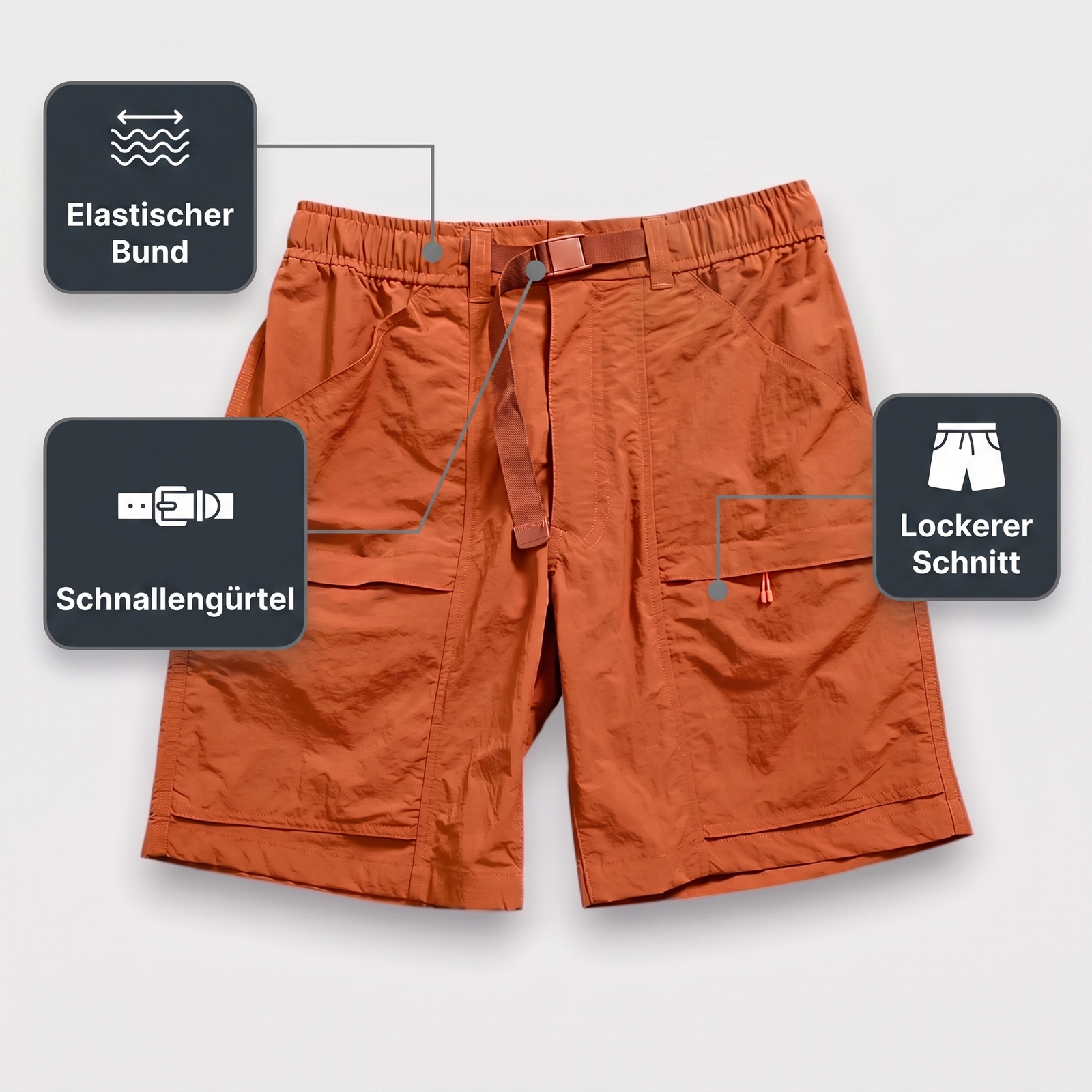 Herren-Robuste Wandershorts – Bund und Schnitt: elastischer Bund, Schnallengürtel, lockerer Schnitt