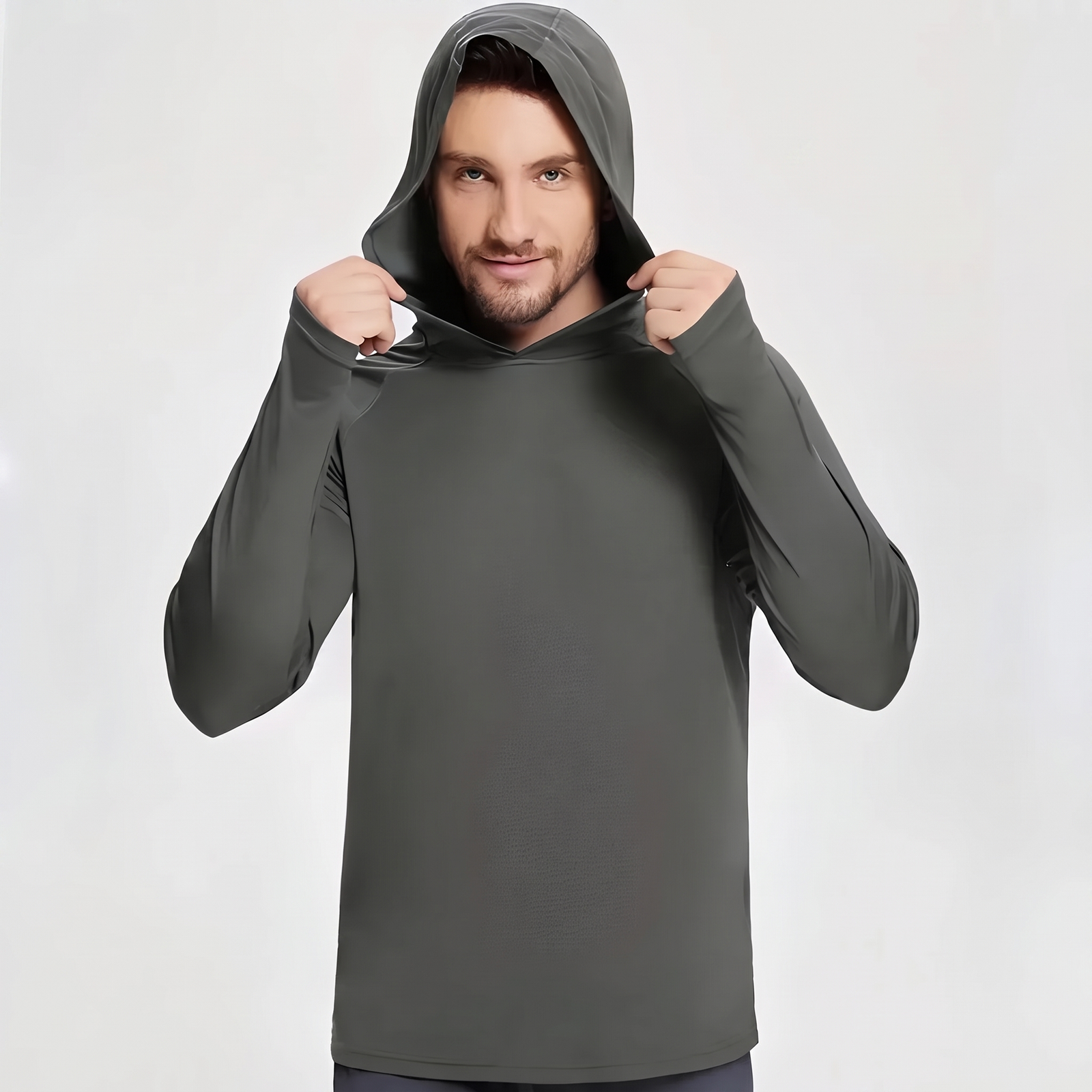 Herren UV-Shirt UPF50+ mit Kapuze, Grau, Kapuze aufgesetzt