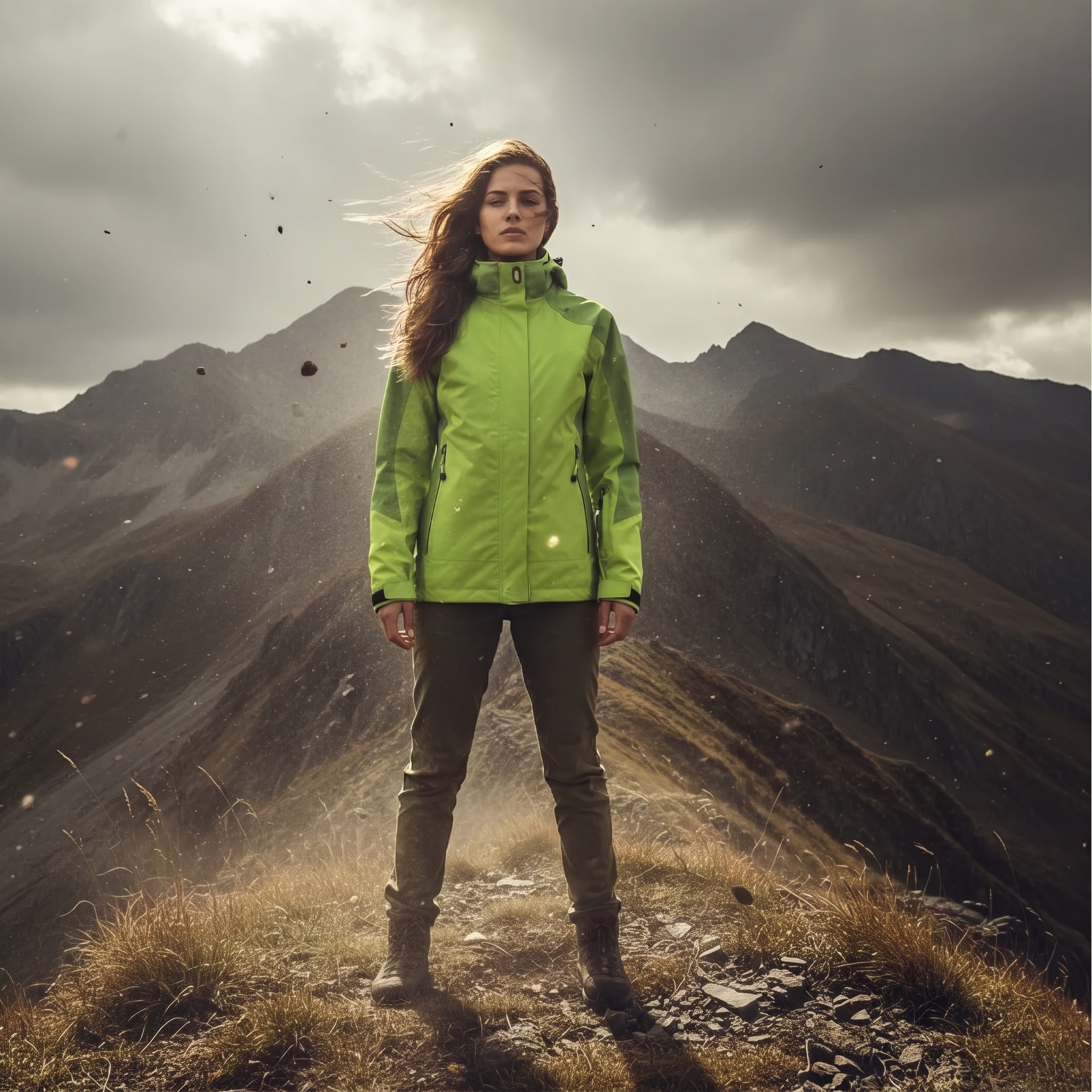 Trekking-Regenjacke wasserdicht grün am Berg getragen
