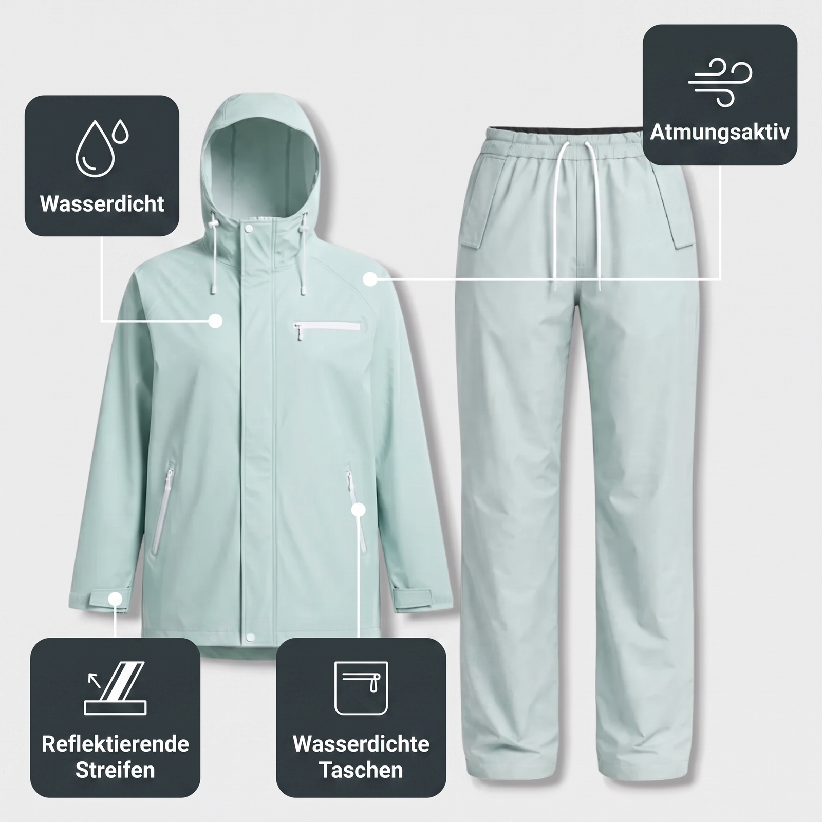 Damen-Regenset Grün – technische Merkmale: wasserdicht, reflektierende Streifen, wasserdichte Taschen, atmungsaktiv