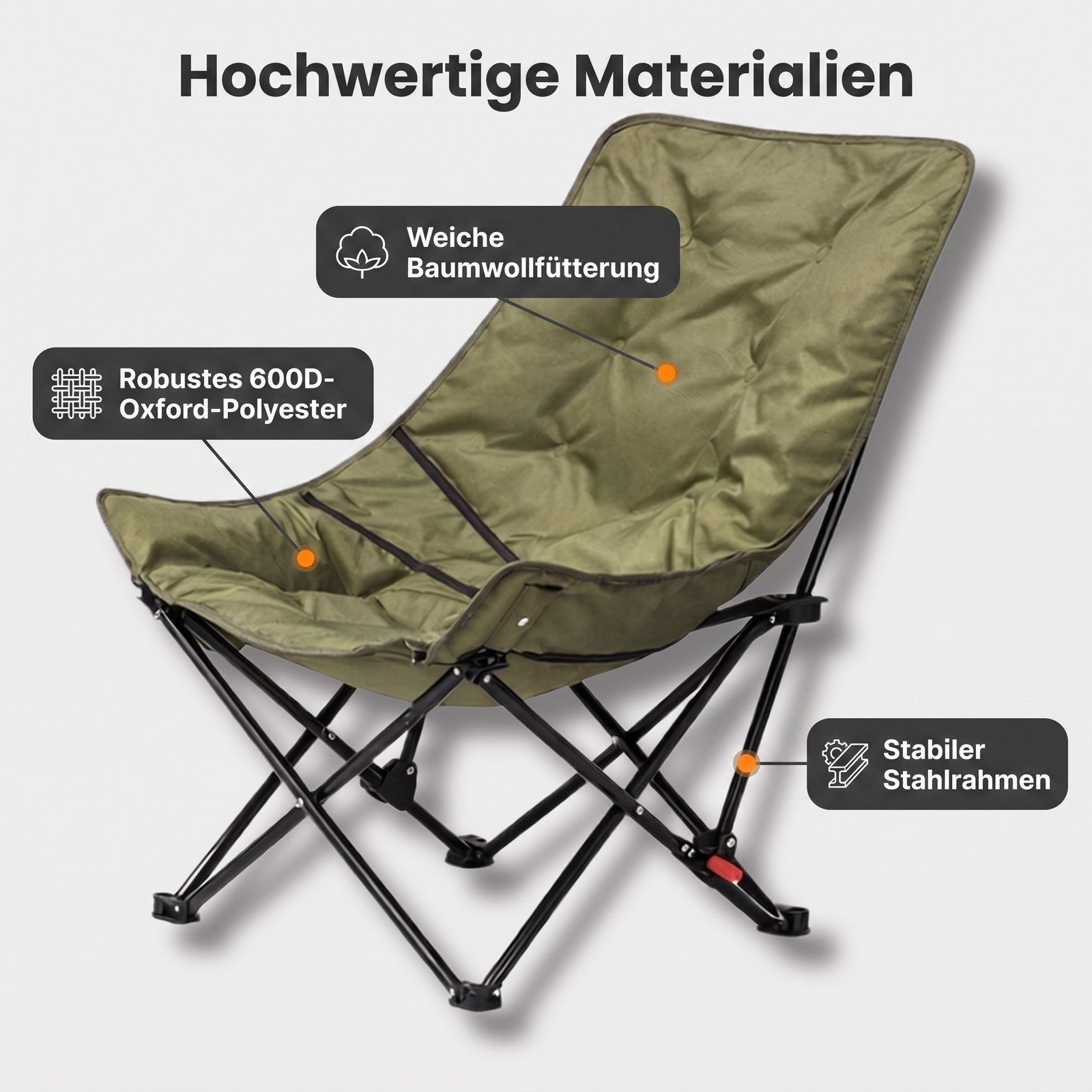 Campingstuhl Materialien: robustes 600D-Oxford-Polyester, Baumwollfütterung, stabiler Stahlrahmen