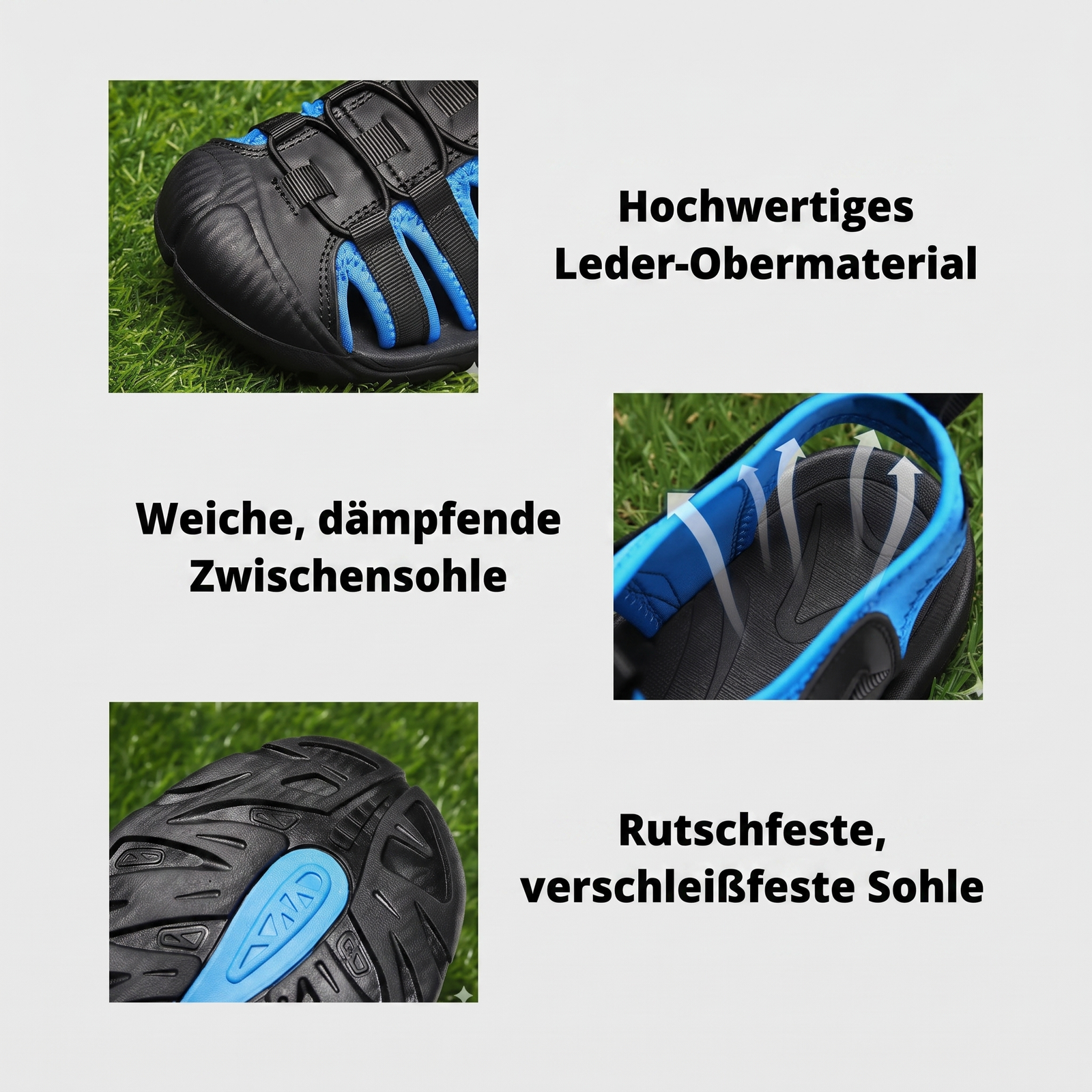 Herren-Leder-Wandersandalen Details: hochwertiges Leder-Obermaterial, weiche dämpfende Zwischensohle, rutschfeste verschleißfeste Sohle