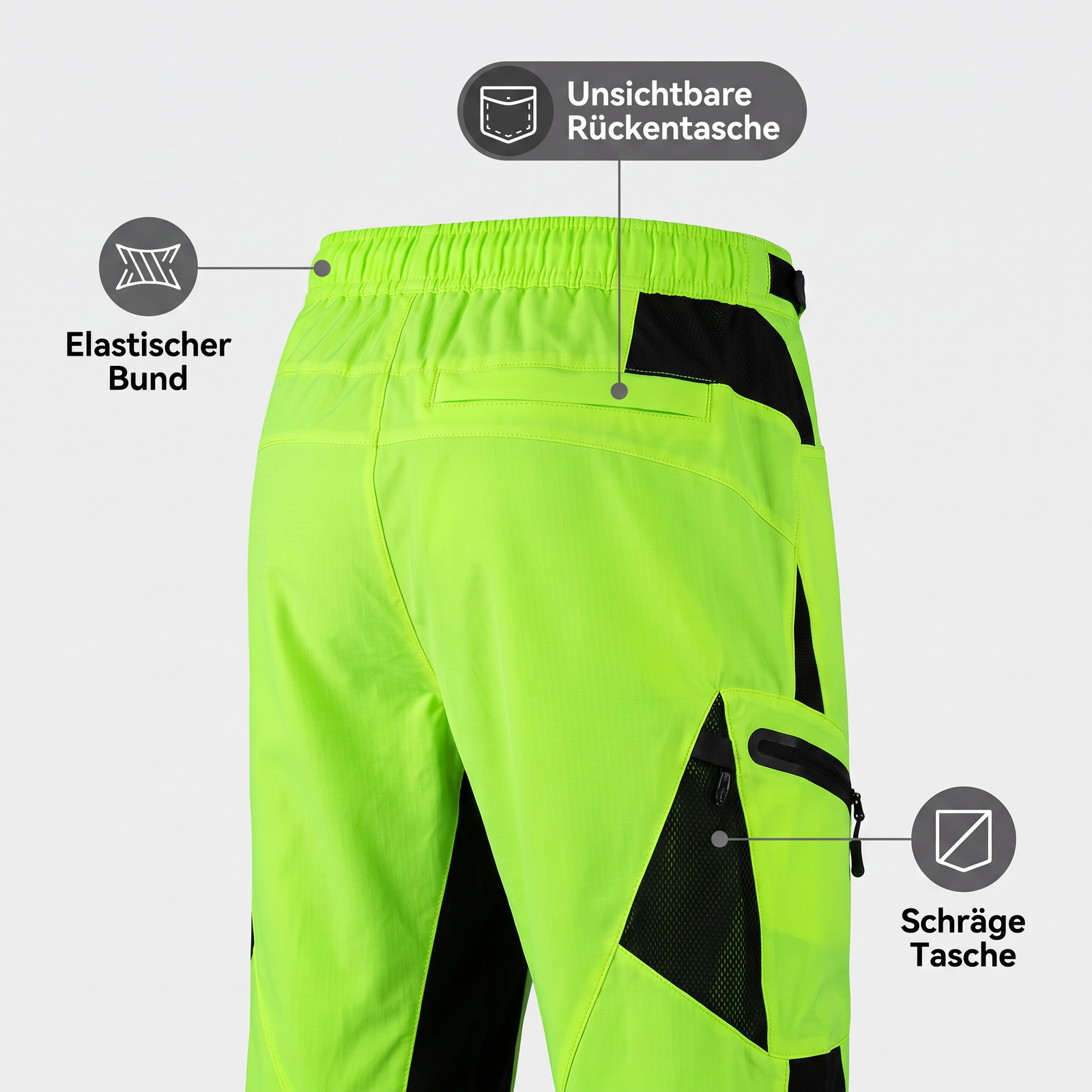 Wander-Bermudashorts Herren neongrün – unsichtbare Rückentasche, elastischer Bund, schräge Tasche