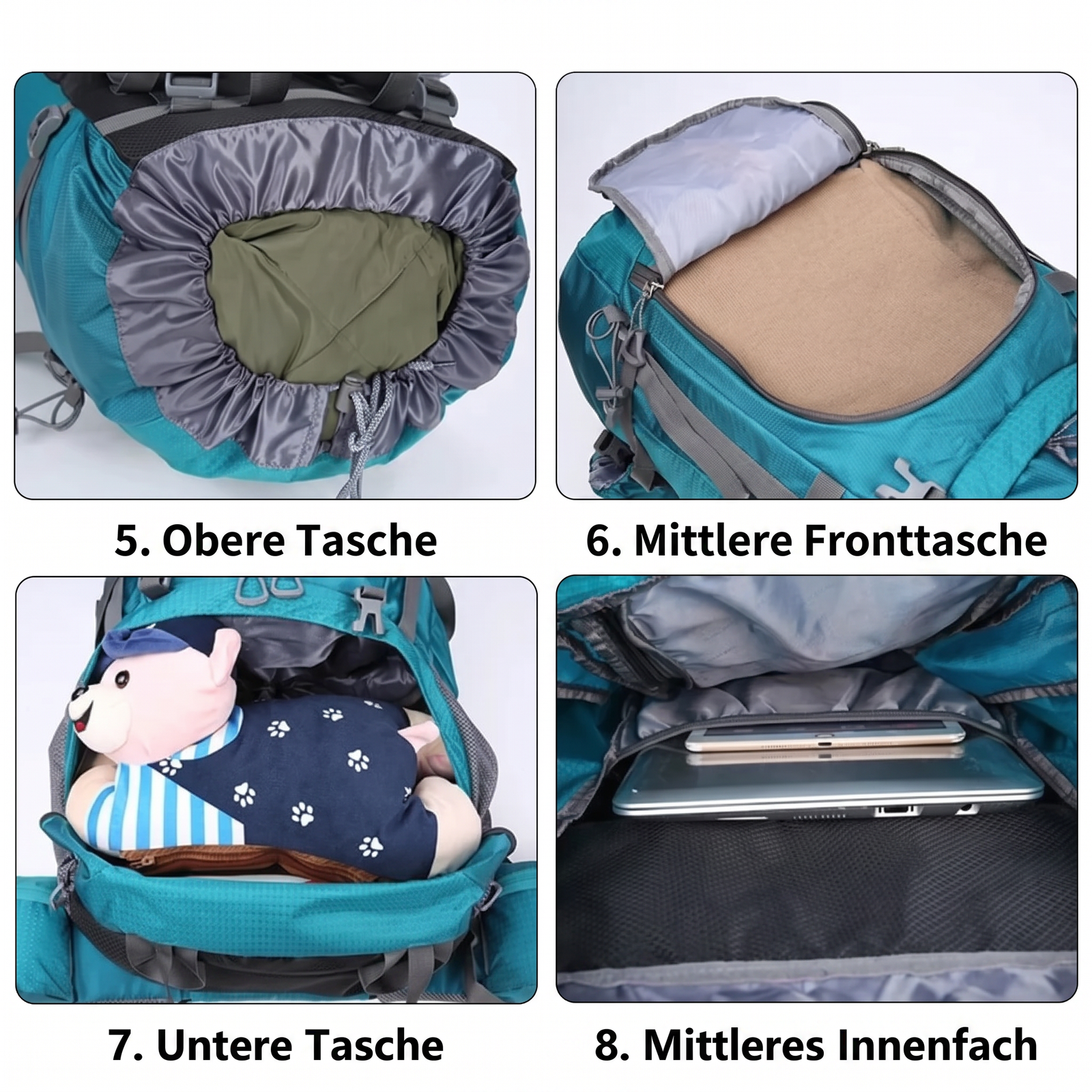 Wasserdichter Wanderrucksack obere Tasche mittlere Fronttasche untere Tasche mittleres Innenfach
