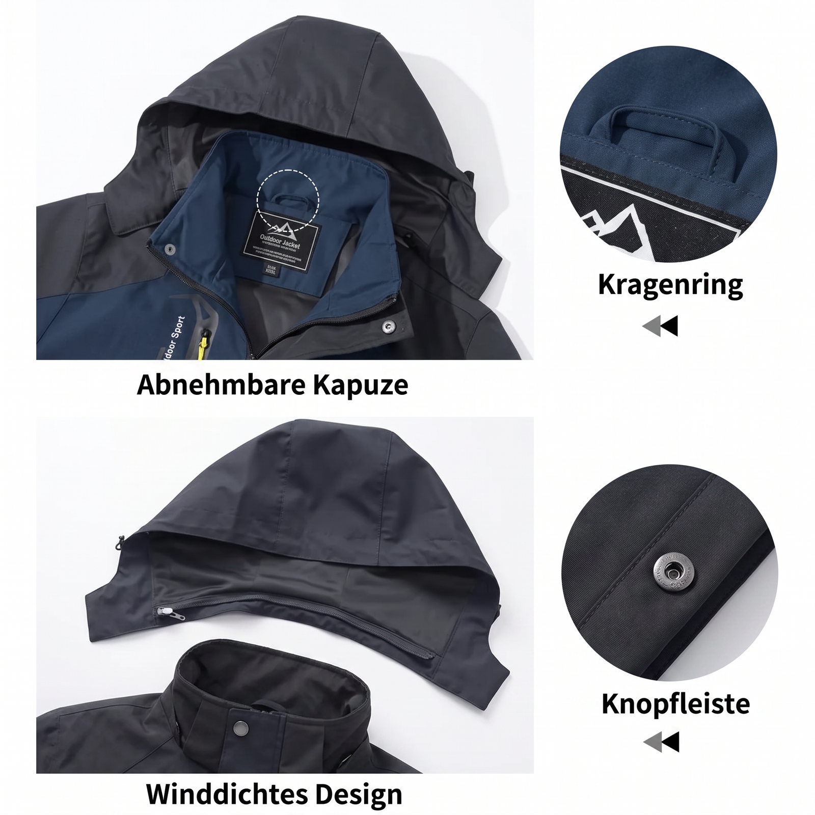 Abnehmbare Kapuze, Kragenring, Winddichtes Design, Knopfleiste