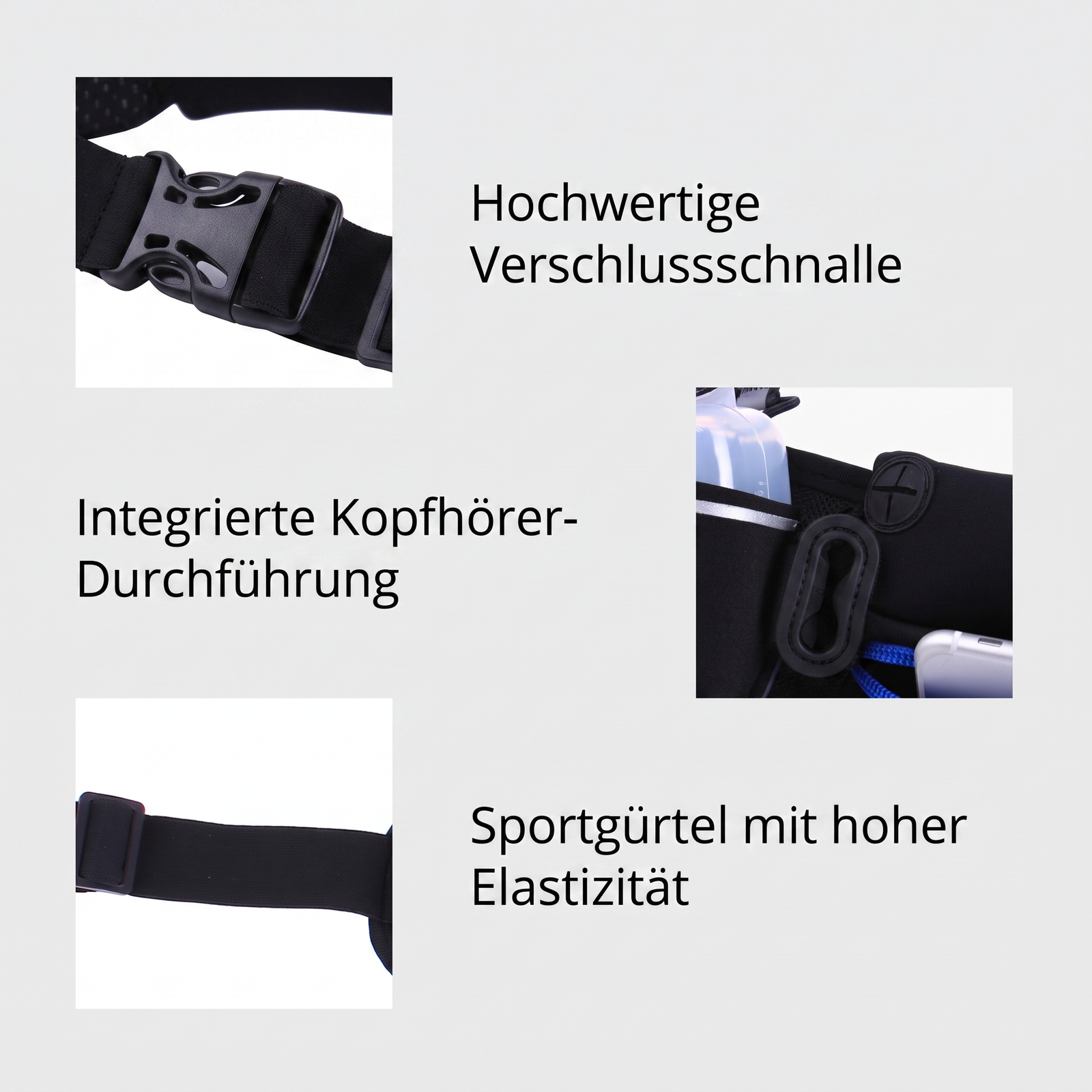 Laufgürtel - Details Schnalle, Kopfhörer-Durchführung, Elastizität
