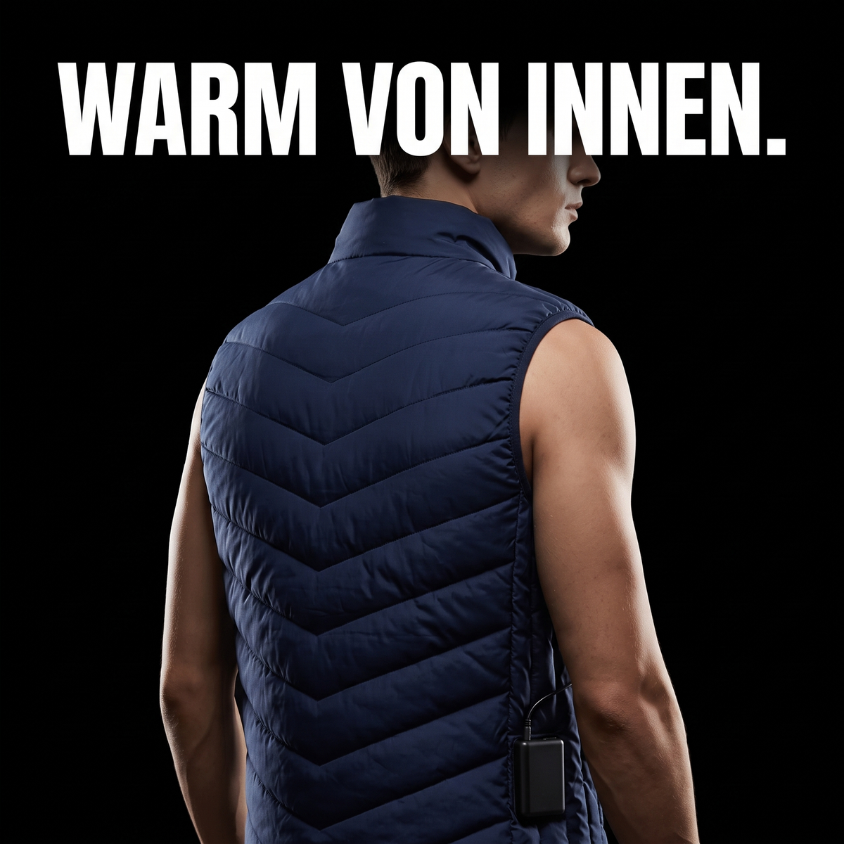 Beheizbare Weste blau mit Akku – WARM VON INNEN.