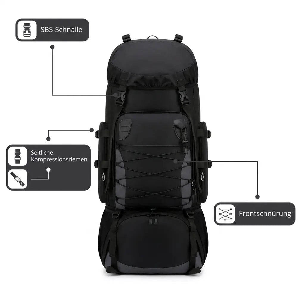 Trekkingrucksack 90 L – SBS-Schnalle und Kompressionsriemen