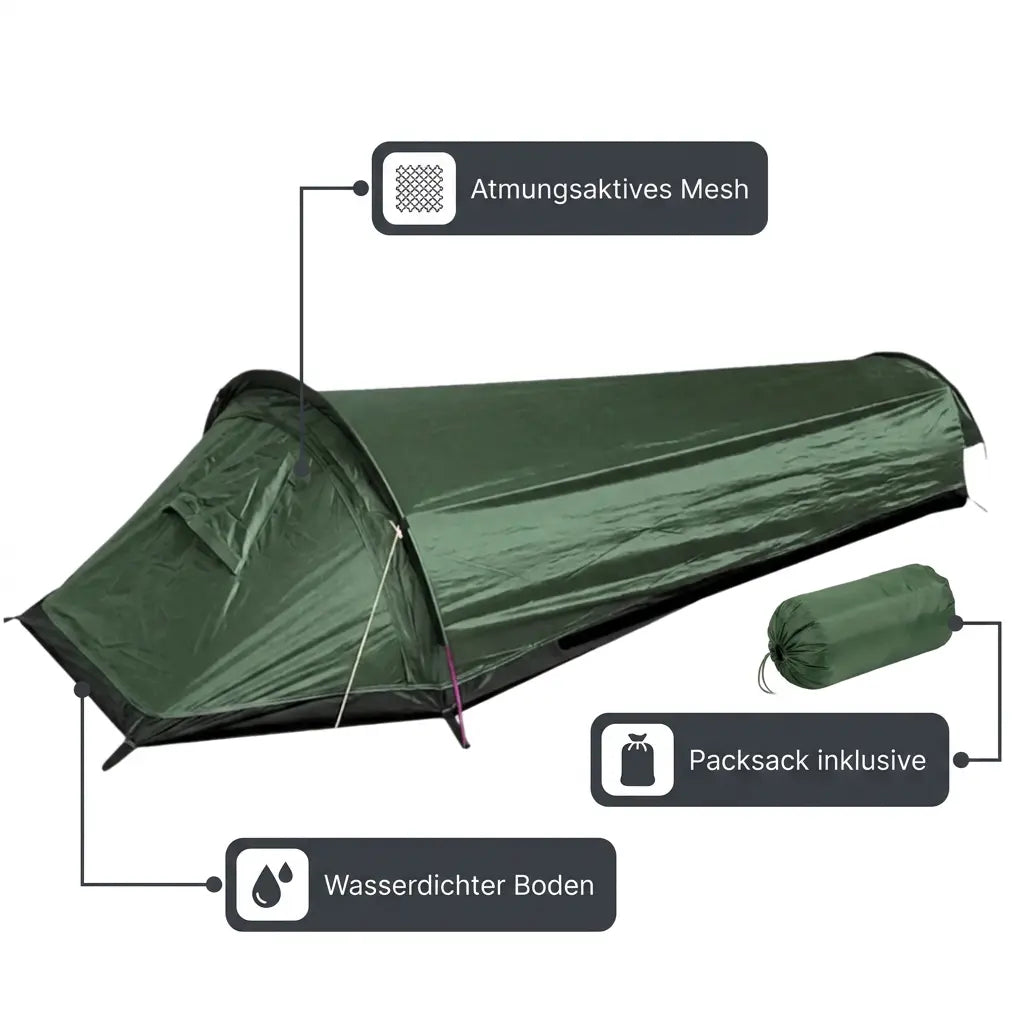 Ultraleichtes 1P-Biwakzelt – wasserdichter Boden, Mesh und Packsack