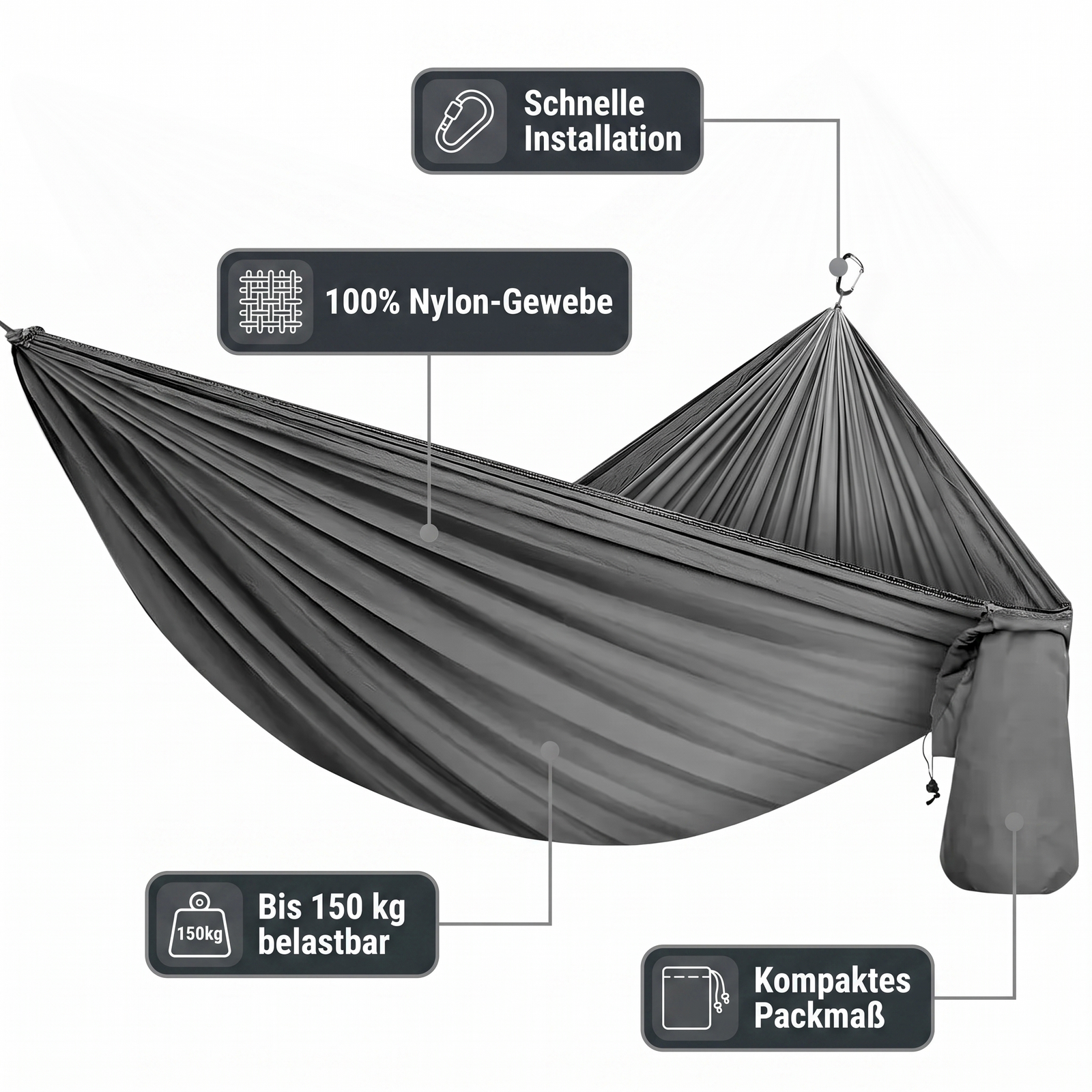 Hamac Suspendu Arbre – Schnelle Installation, 100% Nylon-Gewebe, Kompaktes Packmaß, bis 150 kg belastbar