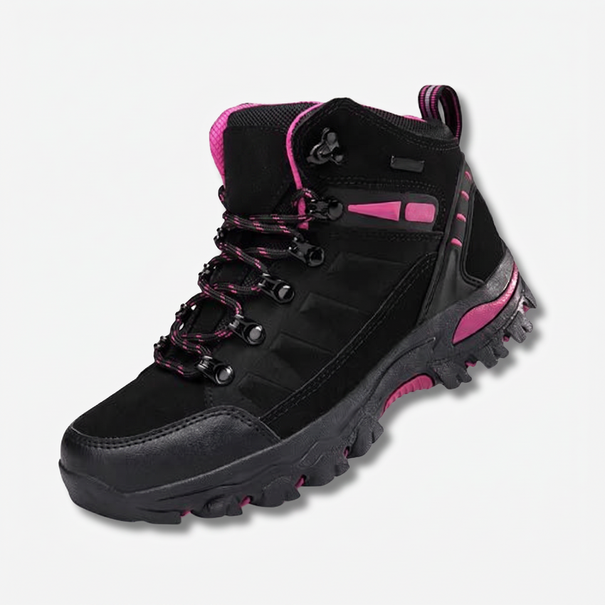 Wasserdichte Wanderschuhe für Damen in Schwarz mit pinken Akzenten, Seitenansicht