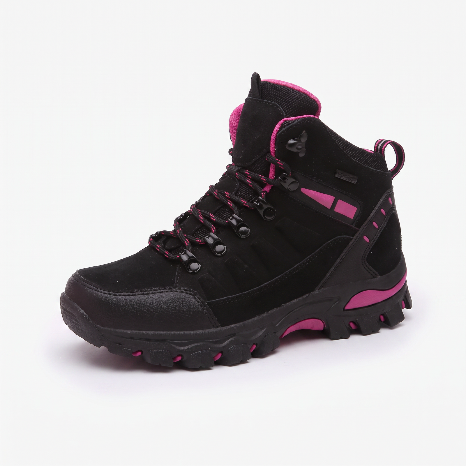 Wasserdichte Wanderschuhe für Damen in Schwarz mit pinken Akzenten, Frontansicht