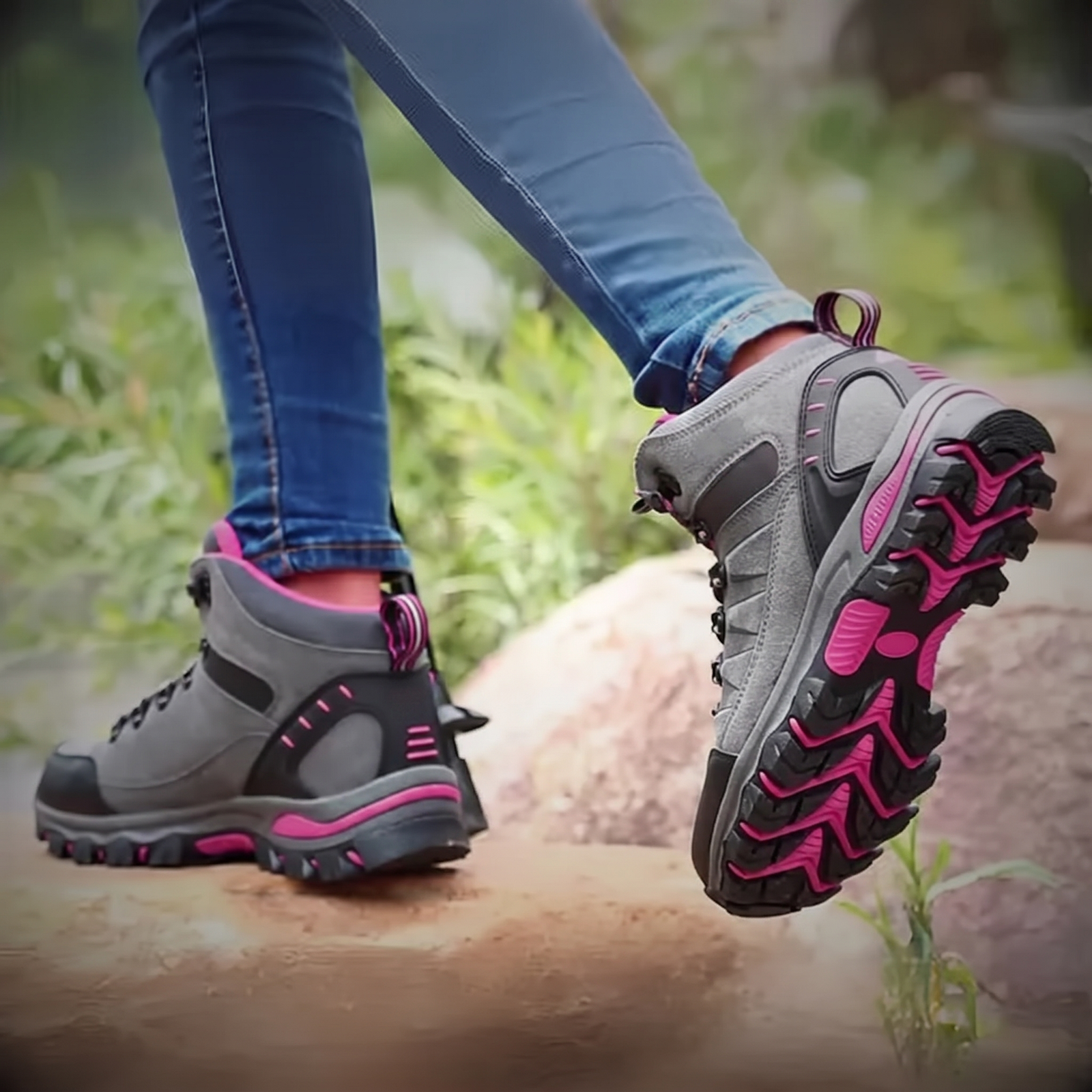 Frau trägt graue wasserdichte Wanderschuhe mit pinken Akzenten beim Wandern auf Felsen
