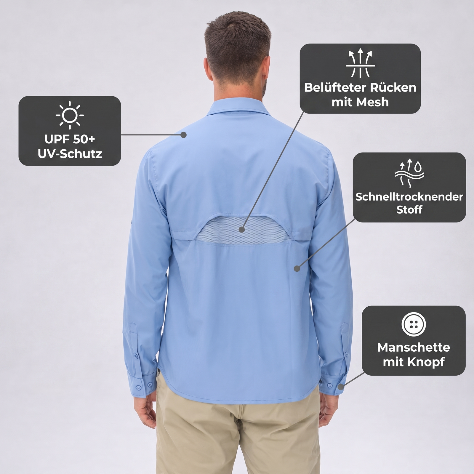Technische Übersicht: belüfteter Rücken mit Mesh, schnelltrocknender Stoff, Manschette mit Knopf und UPF 50+ UV-Schutz des Wanderhemds