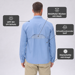 Technische Übersicht: belüfteter Rücken mit Mesh, schnelltrocknender Stoff, Manschette mit Knopf und UPF 50+ UV-Schutz des Wanderhemds