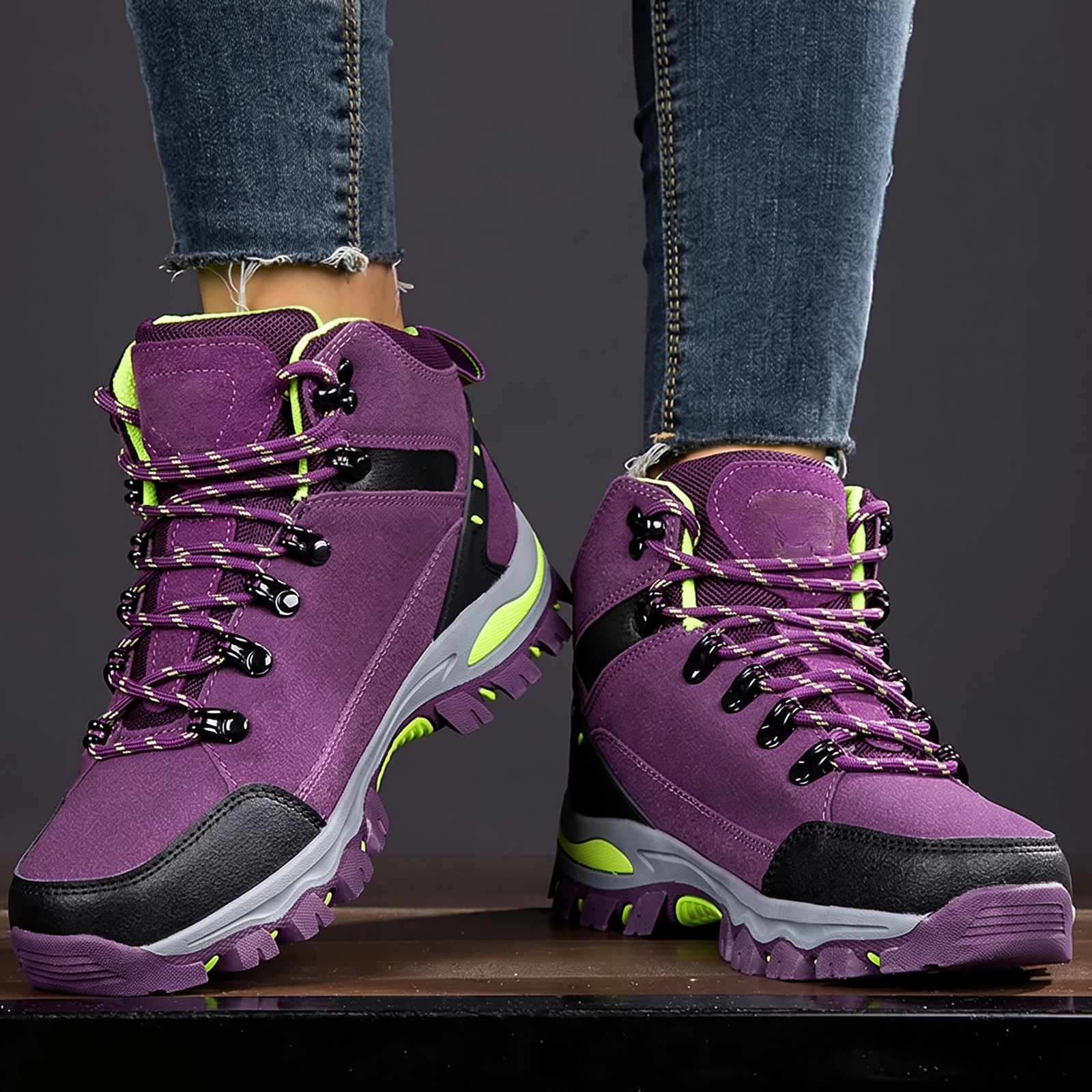 Nahaufnahme violetter wasserdichter Wanderschuhe mit neongrünen Akzenten in einer weiteren Pose