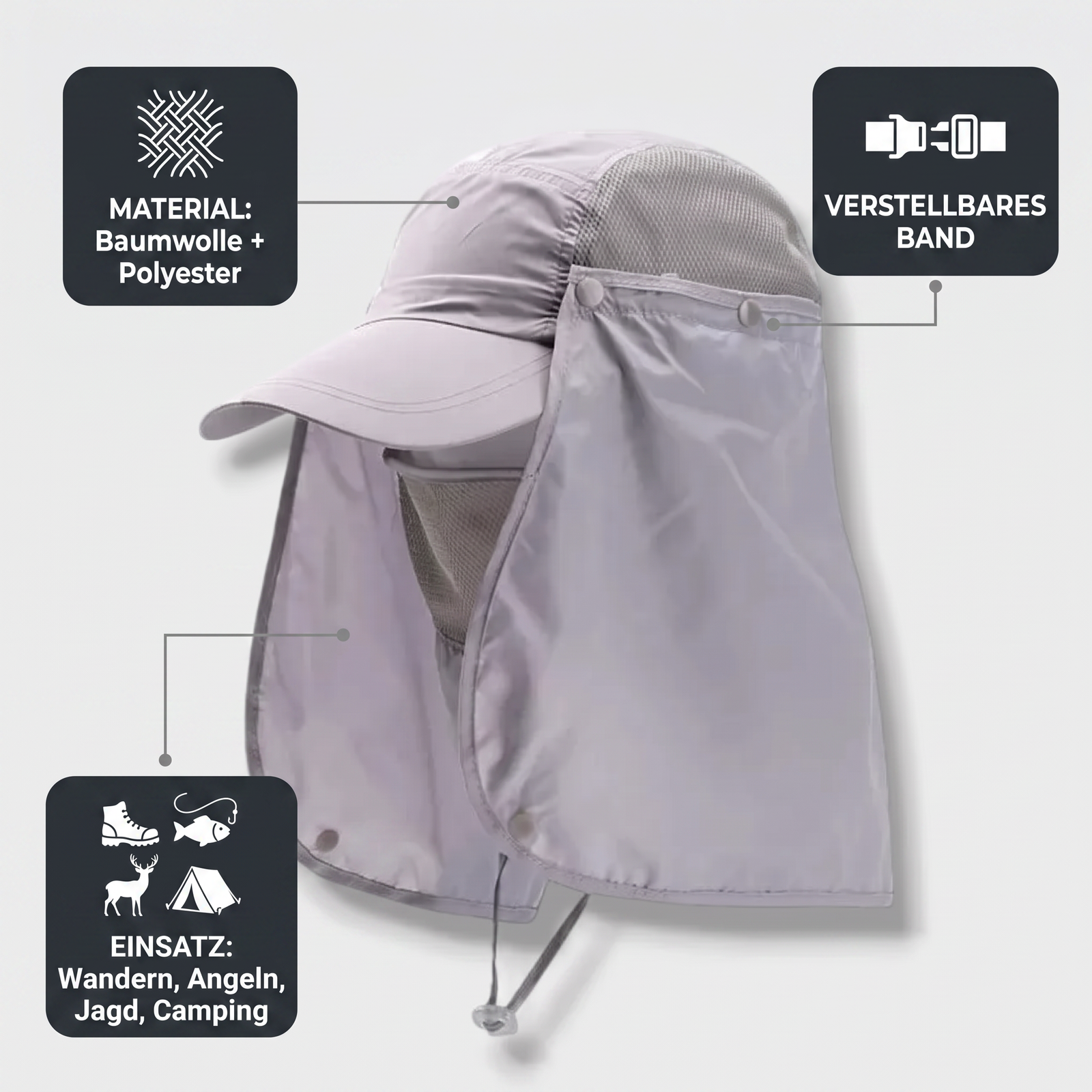 UV-Schutzkappe Herren grau – Material Baumwolle und Polyester, verstellbares Band, Einsatz für Wandern Angeln Jagd Camping