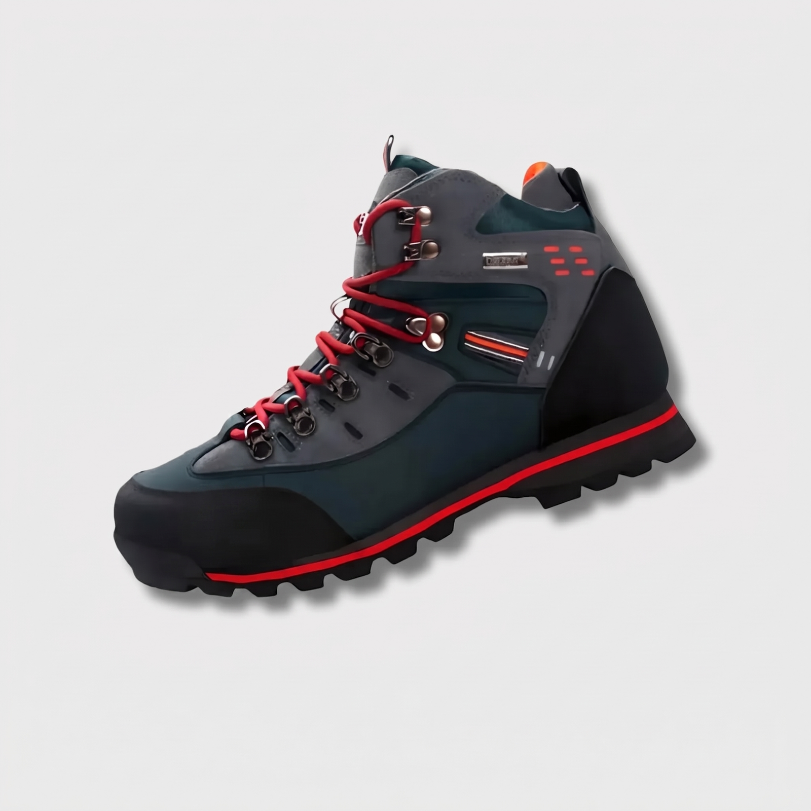 Herren-Wanderschuhe wasserdicht – Seitenansicht, dunkelgrau/schwarz mit roten Schnürsenkeln