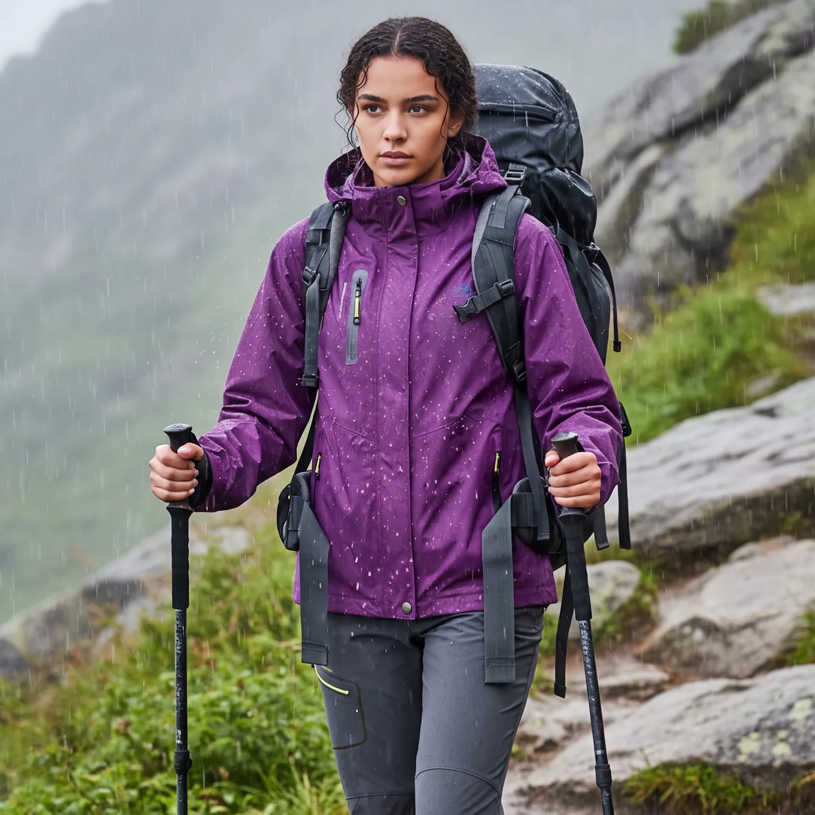 Damen-Wanderjacke wasserdicht – Frau beim Wandern im Regen mit Rucksack