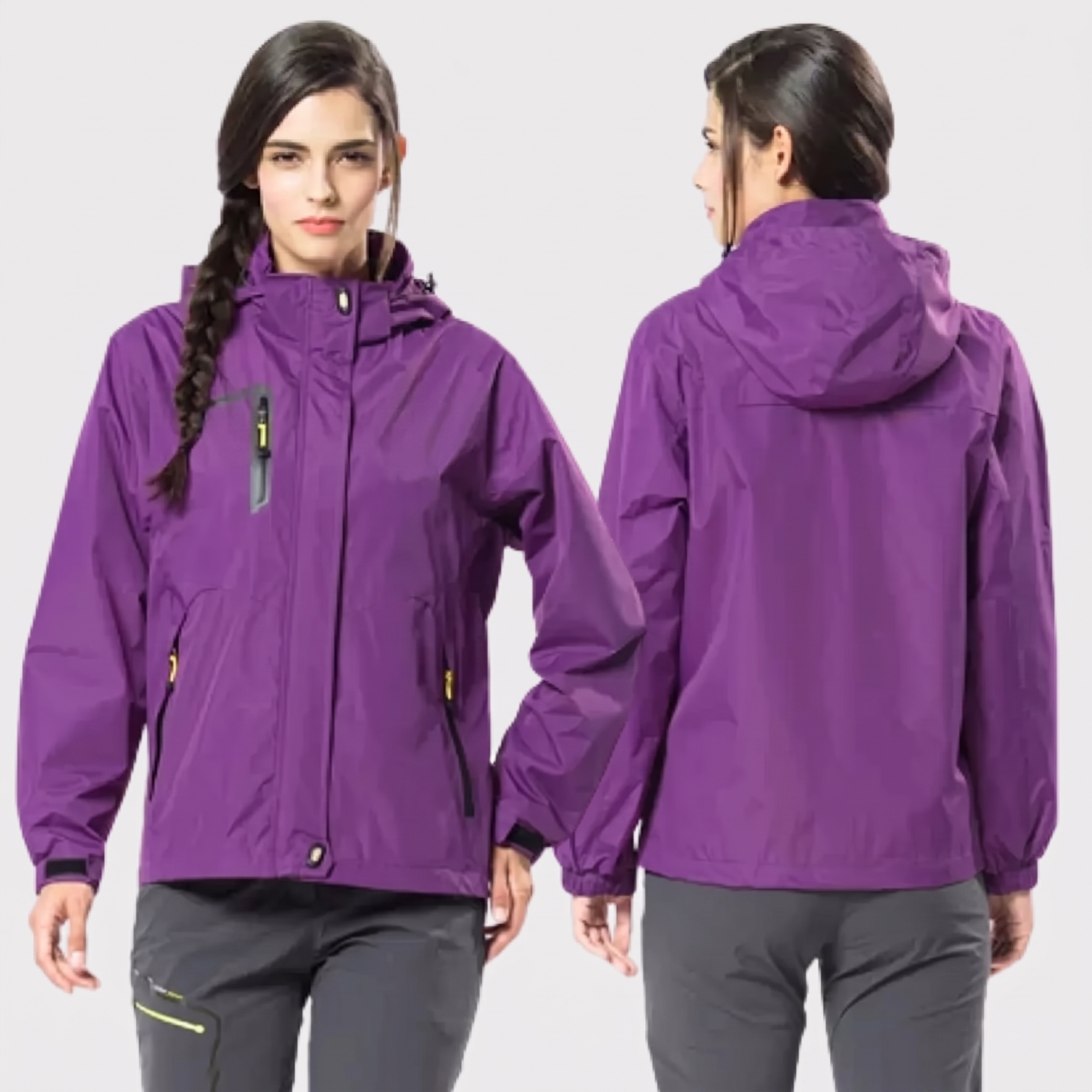Damen-Wanderjacke wasserdicht in Violett – Vorder- und Rückansicht
