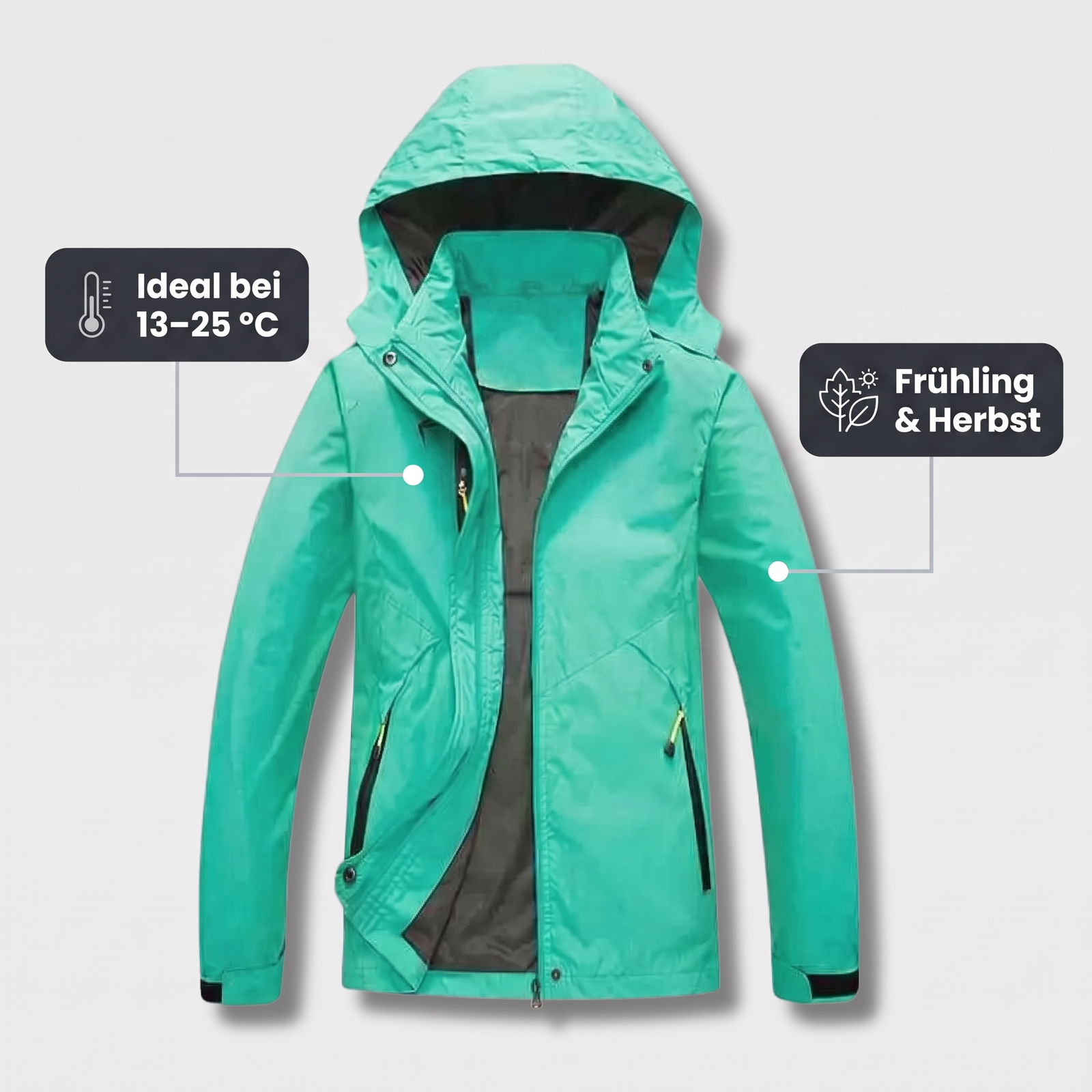 Damen-Wanderjacke wasserdicht – ideale Temperatur 13 bis 25 °C, geeignet für Frühling und Herbst