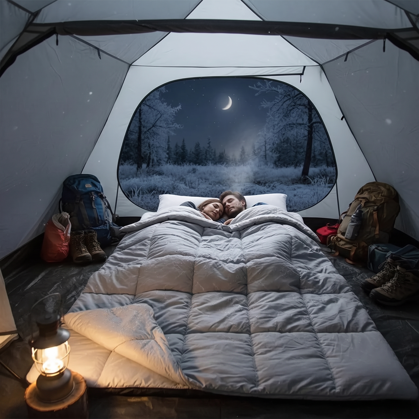 Paar schläft nachts im Zelt unter Sternenhimmel im Camping-Schlafsack mit Kissen