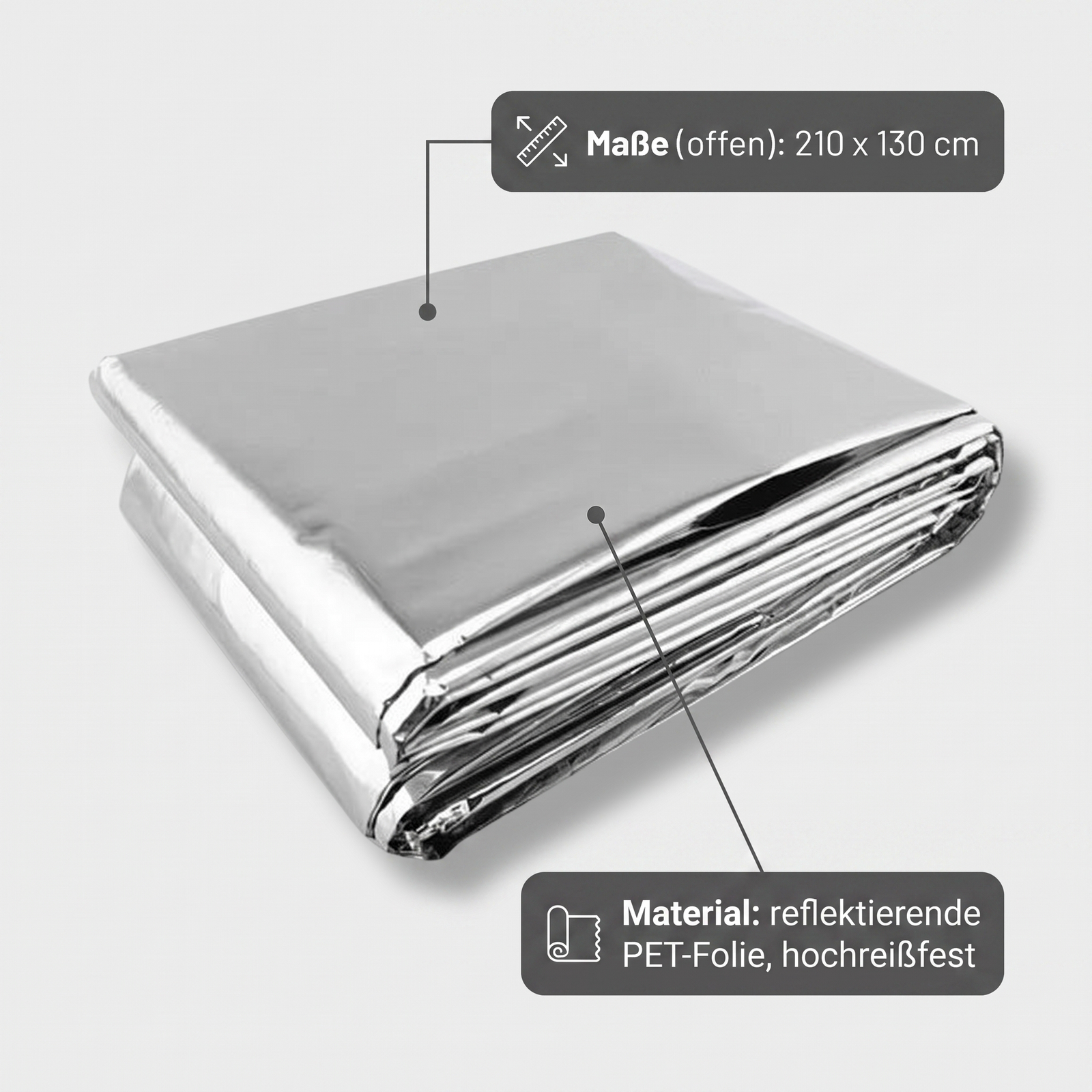 Rettungsdecke Camping ausgebreitet – Maße offen 210 x 130 cm, Material reflektierende PET-Folie hochreißfest