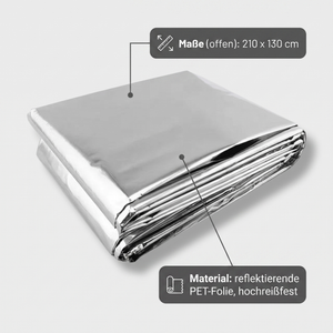Rettungsdecke Camping ausgebreitet – Maße offen 210 x 130 cm, Material reflektierende PET-Folie hochreißfest