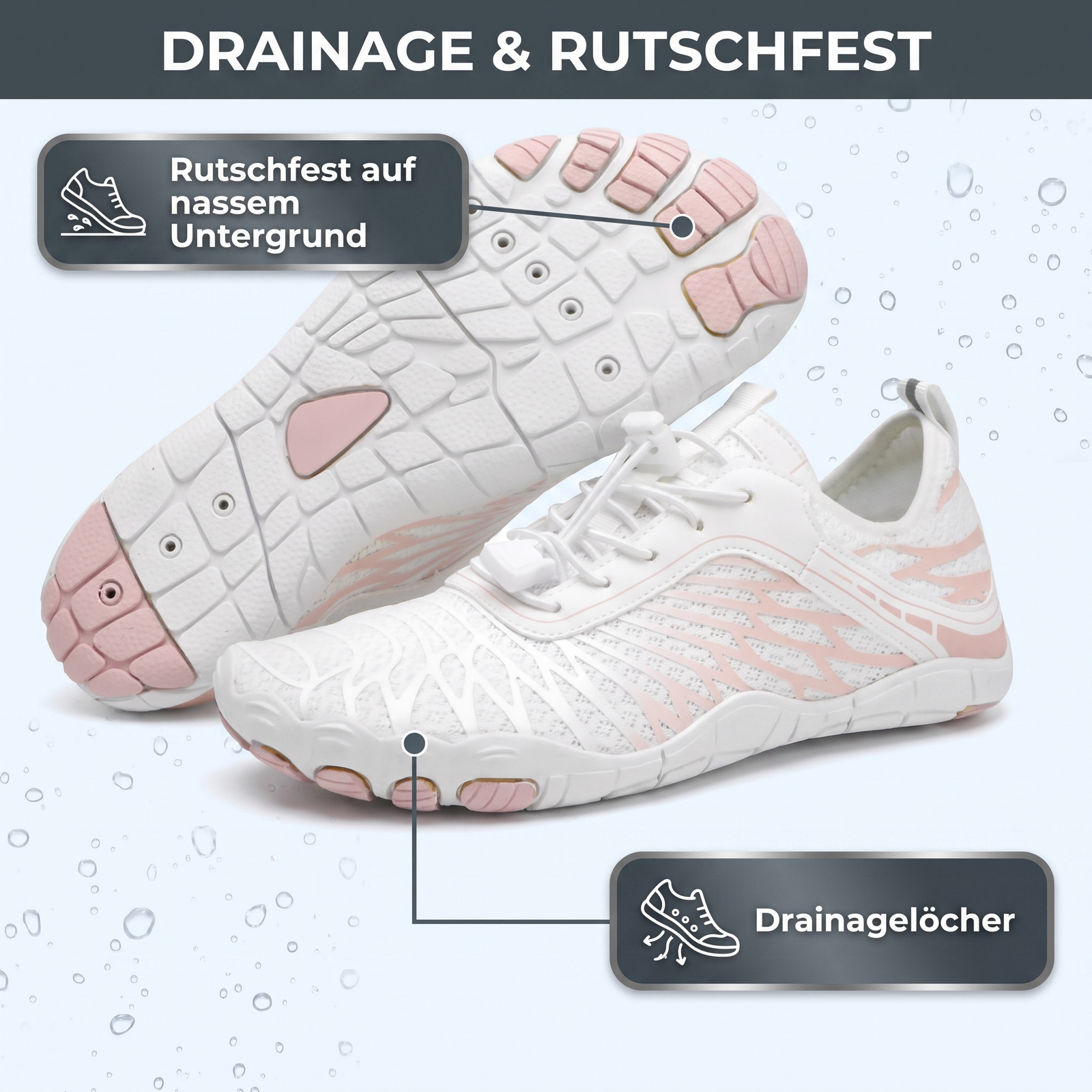 Barfußschuh Sohle mit Drainagelöchern, rutschfest auf nassem Untergrund
