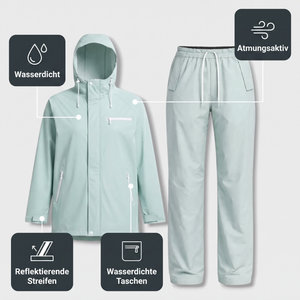 Damen-Regenset Grün – technische Merkmale: wasserdicht, reflektierende Streifen, wasserdichte Taschen, atmungsaktiv