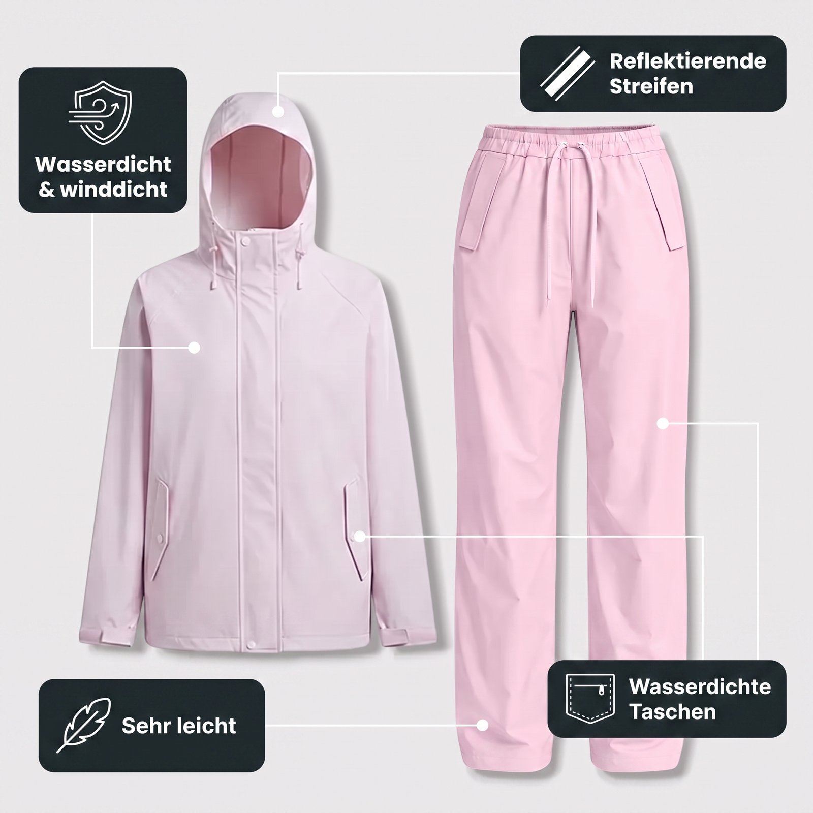 Damen-Regenset Rosa – technische Merkmale: wasserdicht und winddicht, reflektierende Streifen, sehr leicht, wasserdichte Taschen
