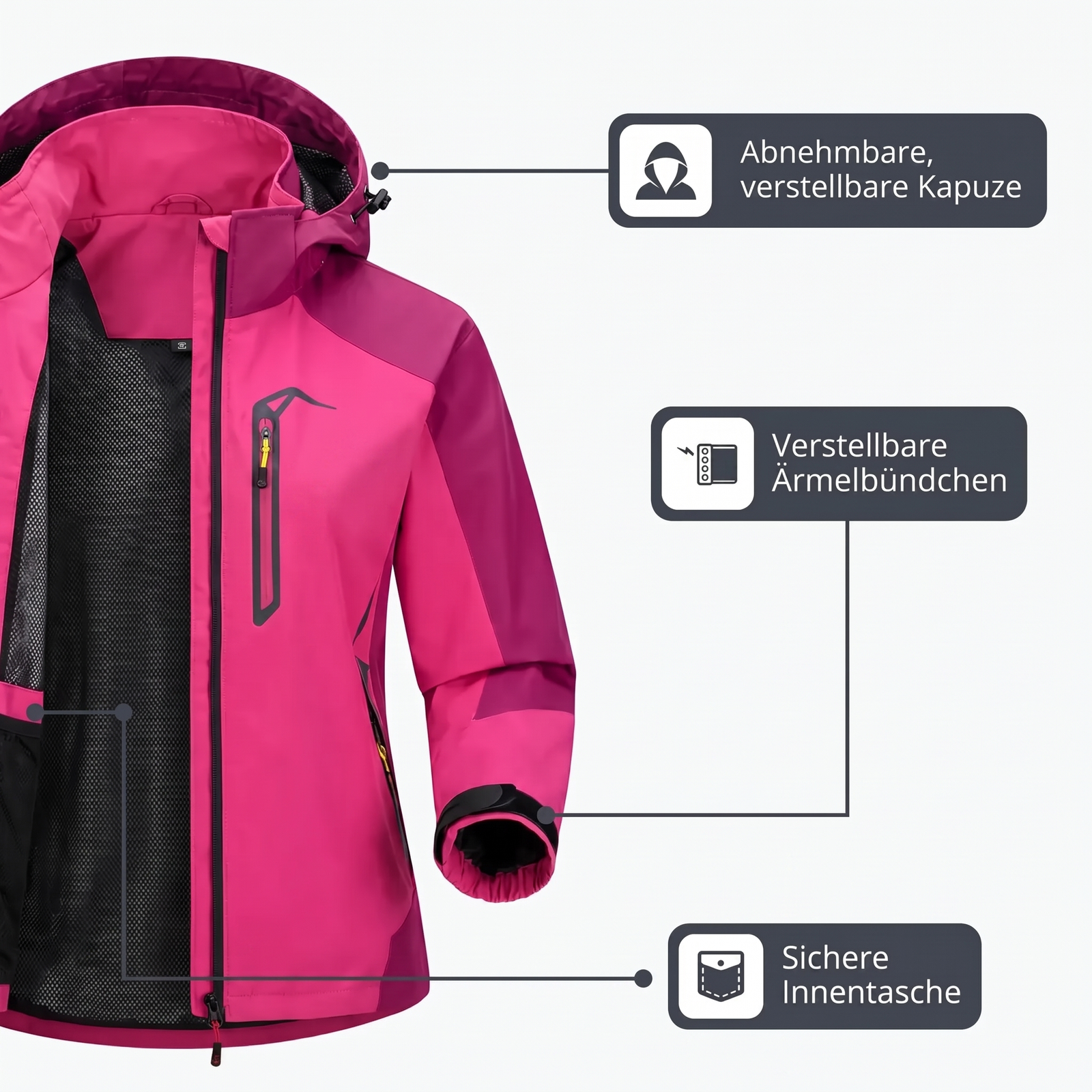 Trekking-Regenjacke – Kapuze, Bündchen und Innentasche