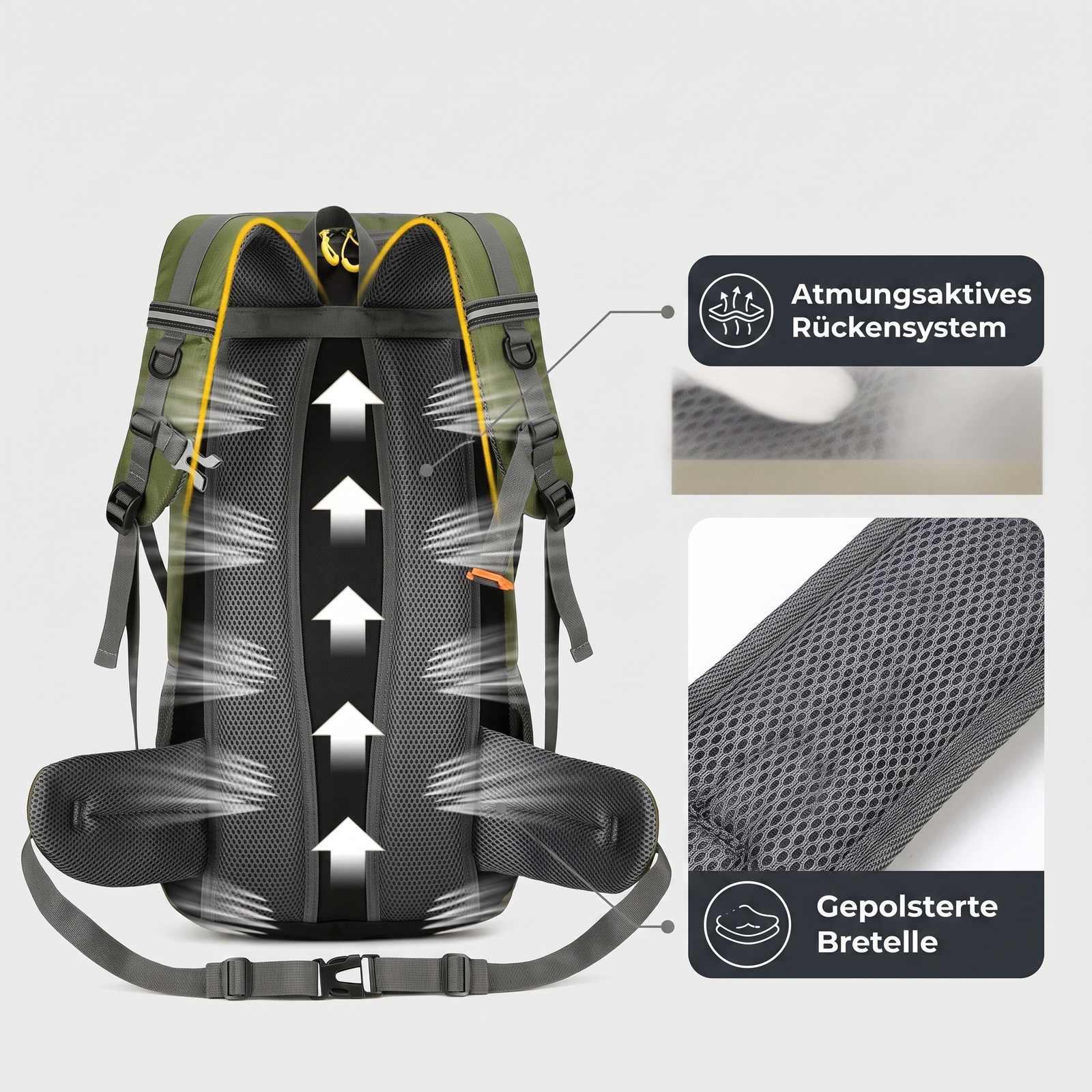 Wanderrucksack 50L Trekking Rückenpanel: atmungsaktives Rückensystem und gepolsterte Bretelle