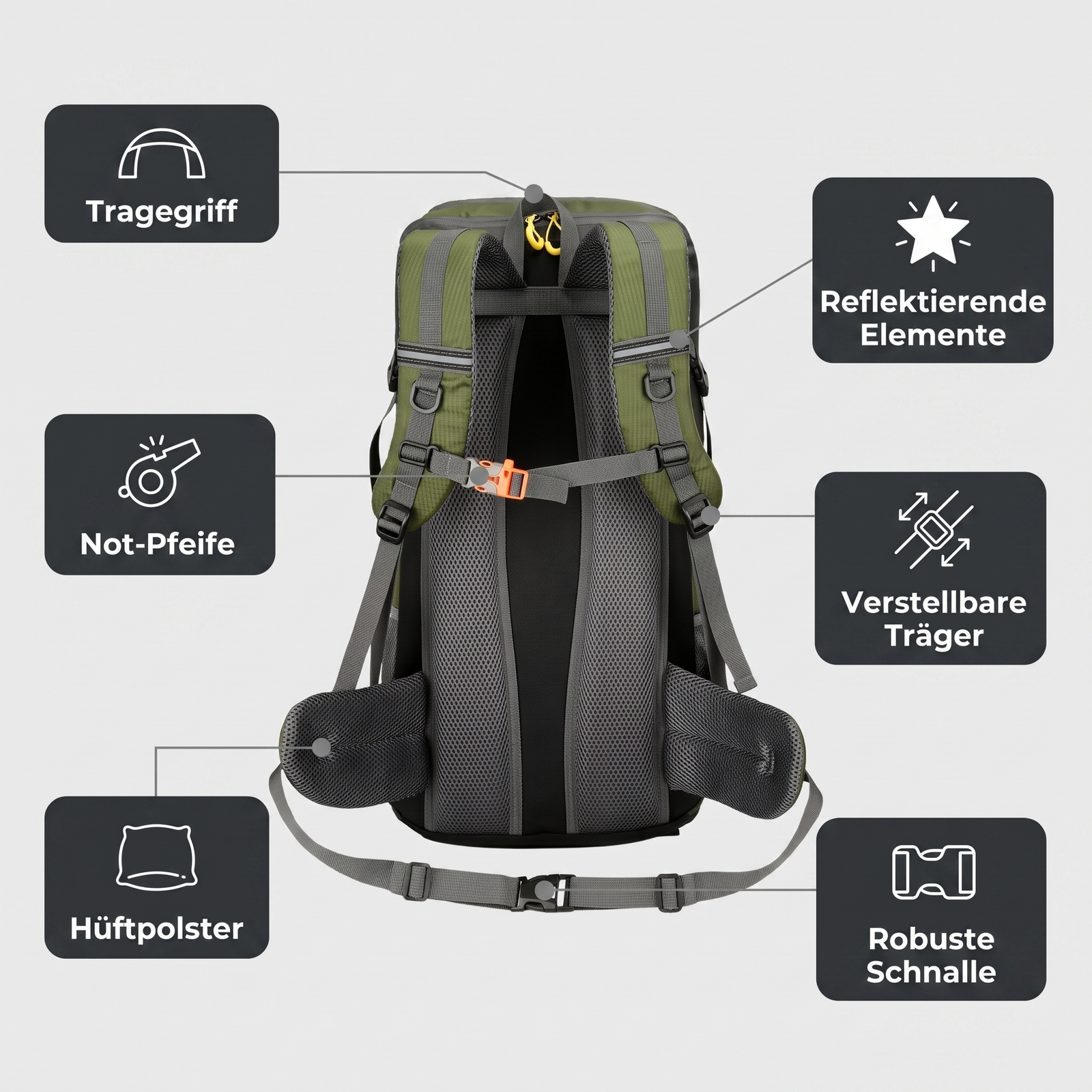 Wanderrucksack 50L Trekking Rückansicht mit technischen Details: Tragegriff, reflektierende Elemente, Not-Pfeife, verstellbare Träger, Hüftpolster, robuste Schnalle