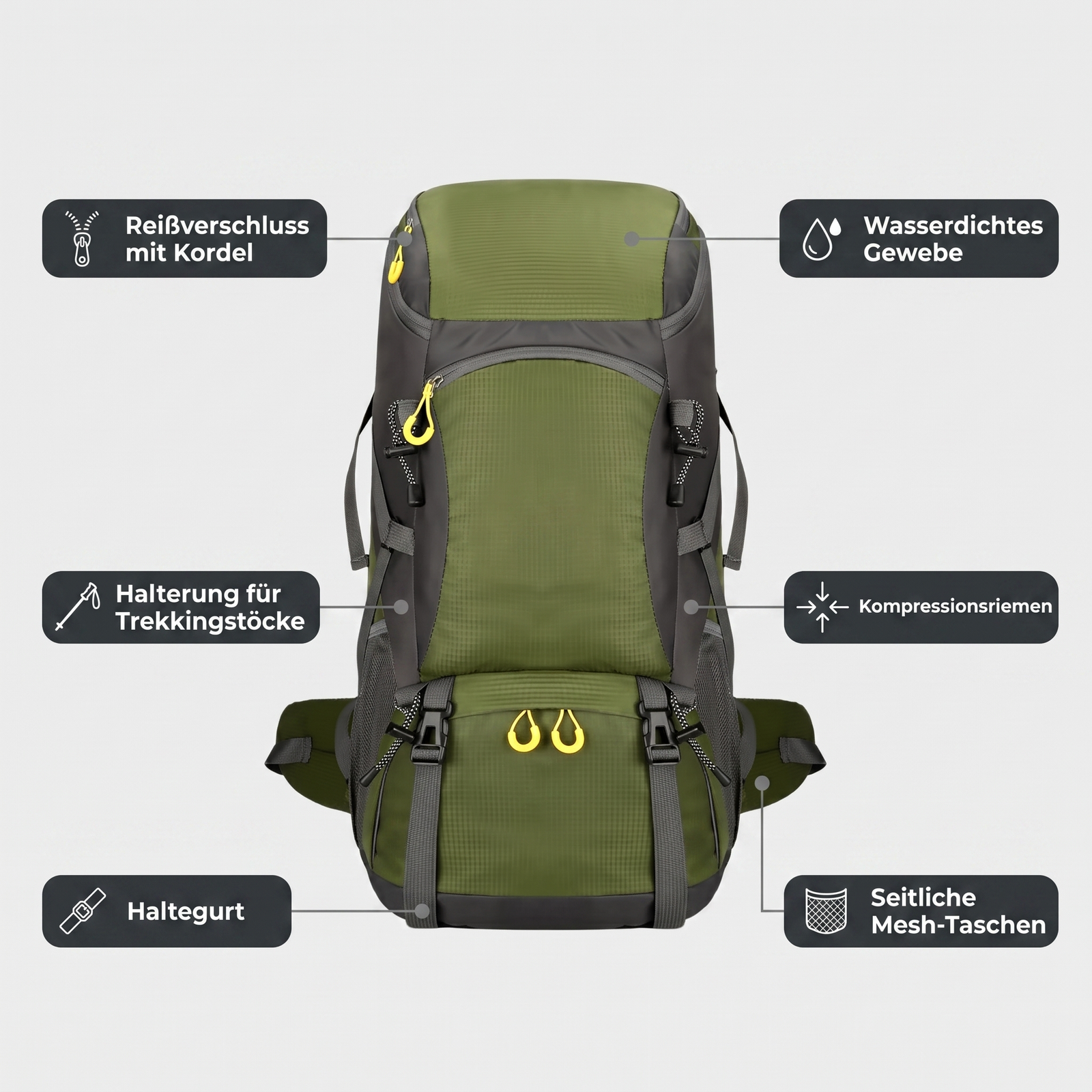Wanderrucksack 50L Trekking Vorderansicht mit technischen Details: Reißverschluss mit Kordel, wasserdichtes Gewebe, Halterung für Trekkingstöcke, Kompressionsriemen, Haltegurt, seitliche Mesh-Taschen