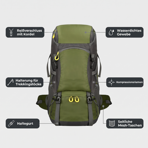 Wanderrucksack 50L Trekking Vorderansicht mit technischen Details: Reißverschluss mit Kordel, wasserdichtes Gewebe, Halterung für Trekkingstöcke, Kompressionsriemen, Haltegurt, seitliche Mesh-Taschen