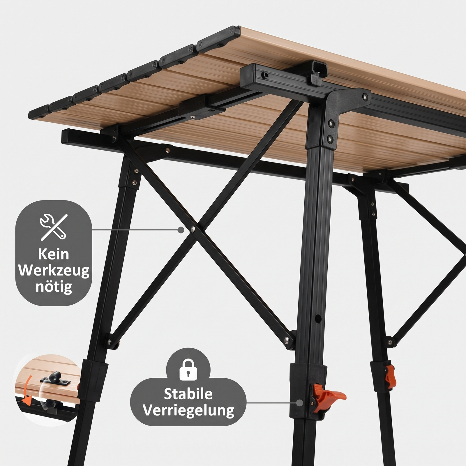 Faltbarer Aluminium-Campingtisch – kein Werkzeug nötig, stabile Verriegelung der Beine