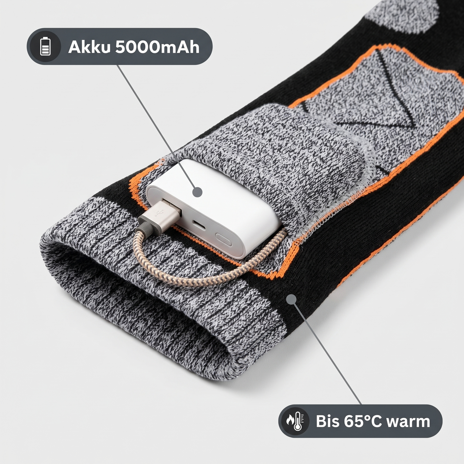 Beheizbare Socken Akkufach mit 5000mAh Powerbank, bis 65°C warm