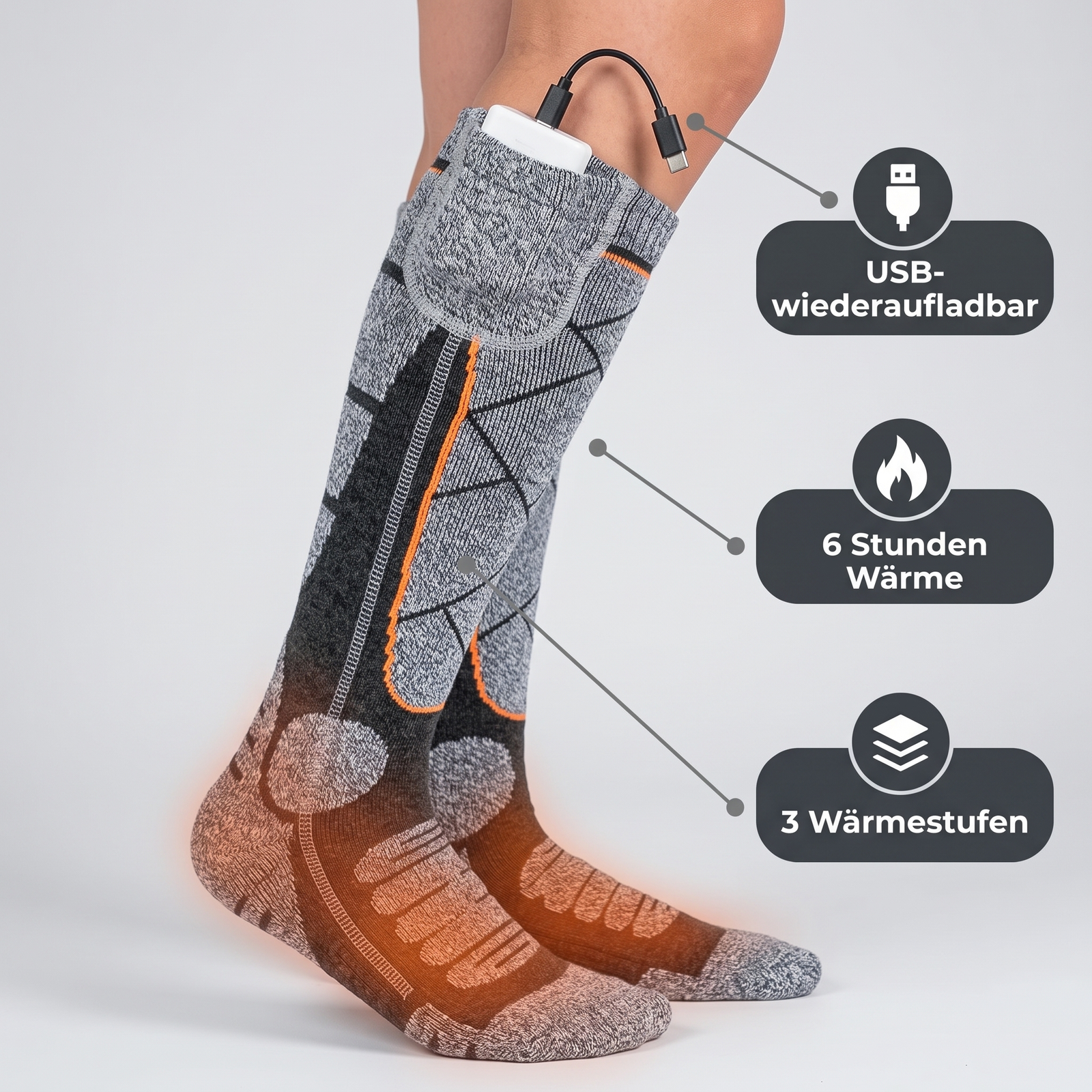 USB-wiederaufladbare Socken, 6 Stunden Wärme, 3 Wärmestufen