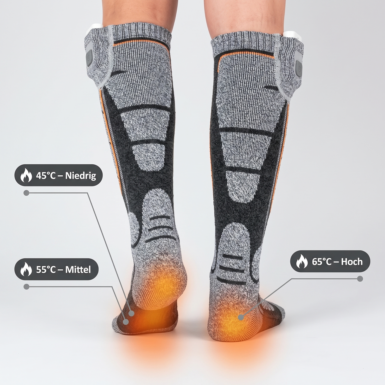 Beheizbare Socken Temperaturstufen 45°C Niedrig, 55°C Mittel, 65°C Hoch