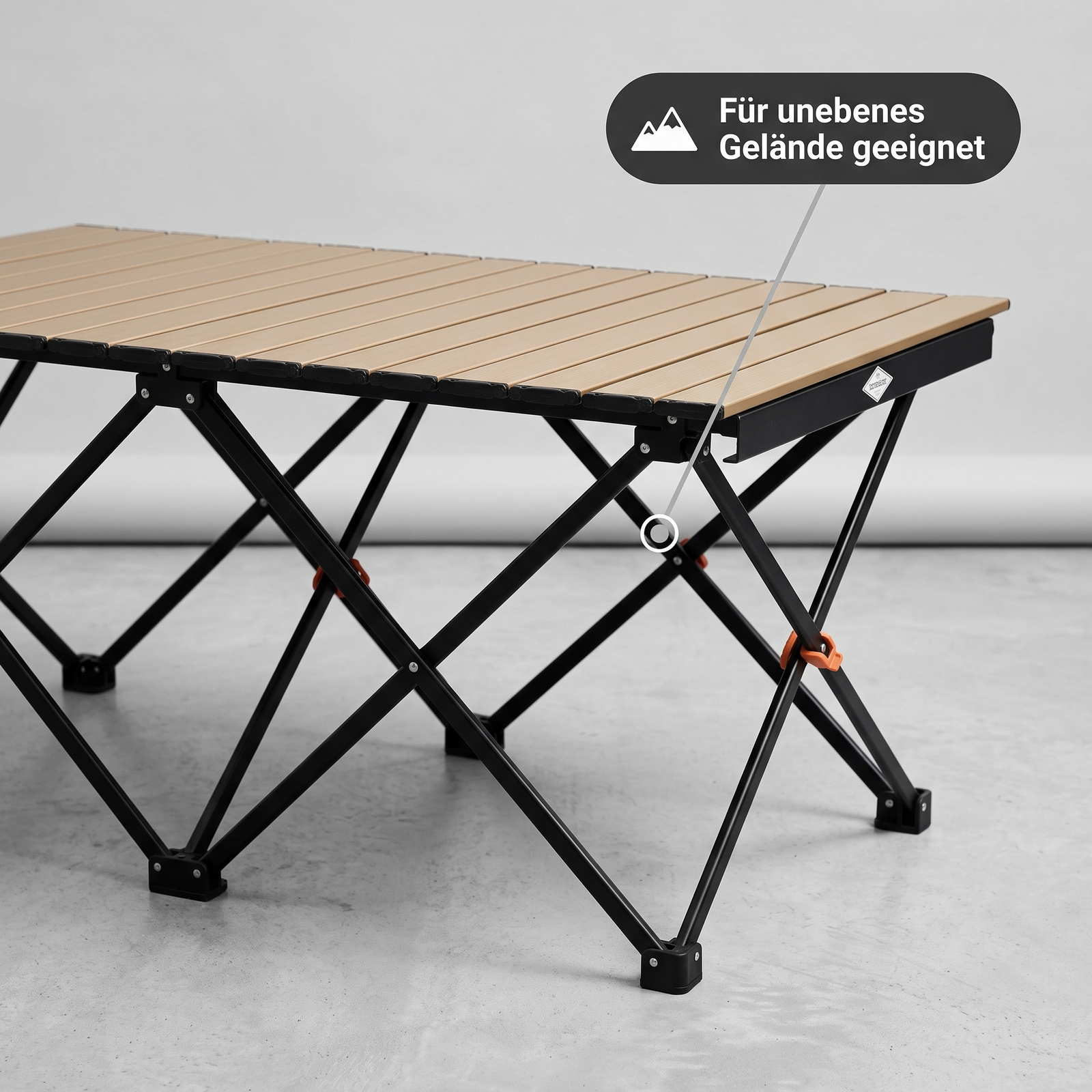 Faltbarer Aluminium-Campingtisch – geeignet für unebenes Gelände, Nahaufnahme des Beingelenks