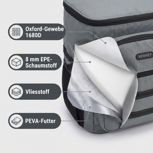 Kühlrucksack 30L – Materialaufbau: Oxford-Gewebe 1680D, 8 mm EPE-Schaumstoff, Vliesstoff und PEVA-Futter
