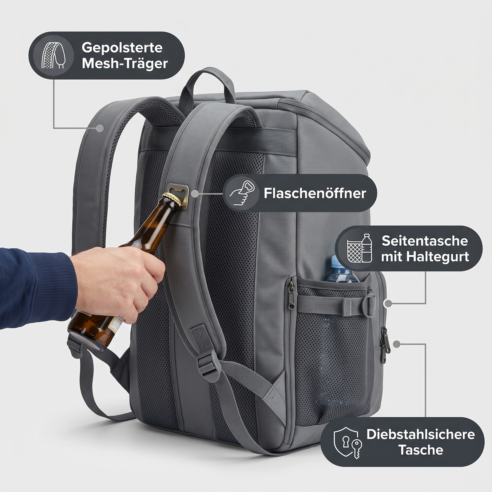 Kühlrucksack 30L – Rückansicht mit gepolsterten Mesh-Trägern, Seitentasche mit Haltegurt, Flaschenöffner und diebstahlsicherer Tasche