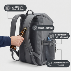 Kühlrucksack 30L – Rückansicht mit gepolsterten Mesh-Trägern, Seitentasche mit Haltegurt, Flaschenöffner und diebstahlsicherer Tasche