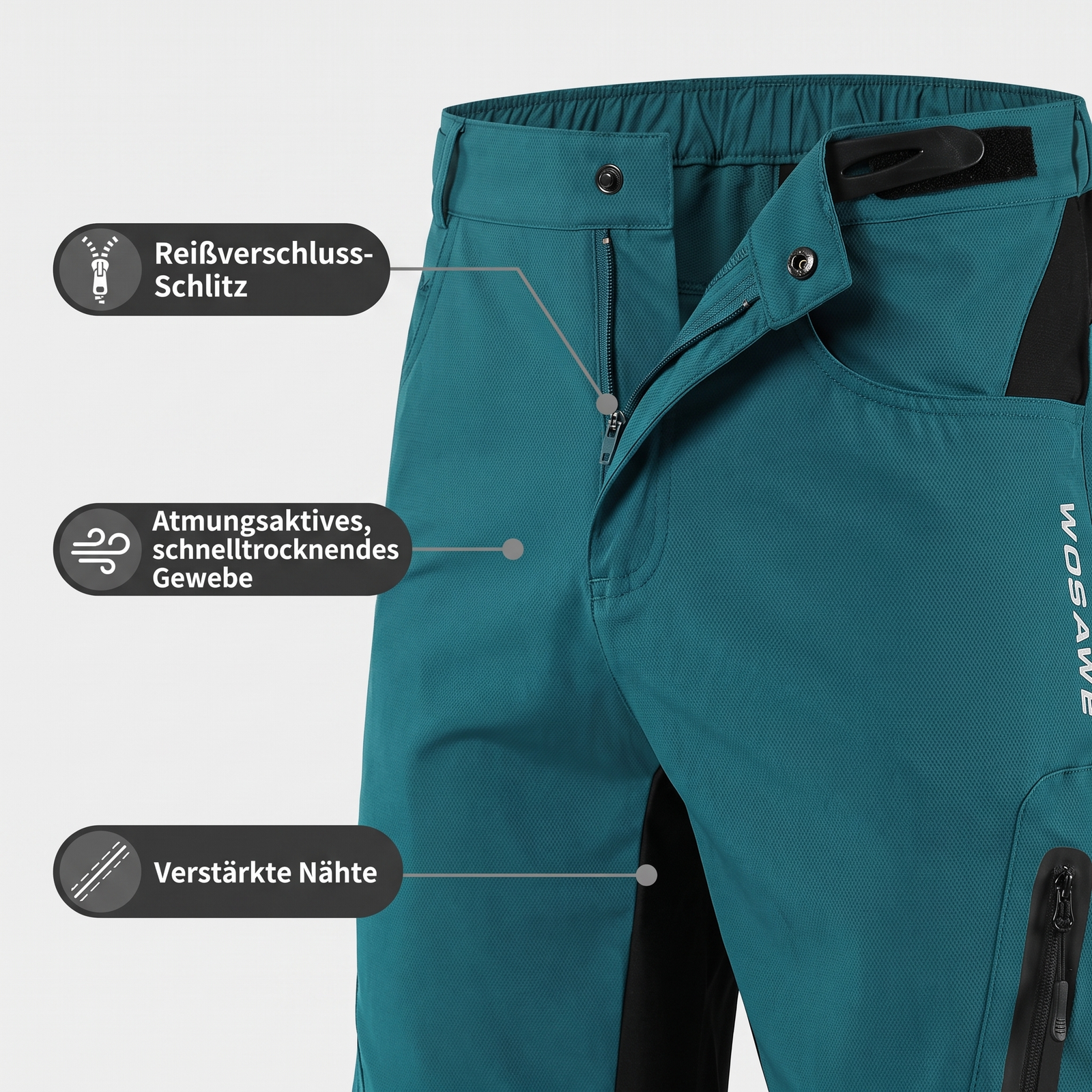 Wander-Bermudashorts Herren petrol – Reißverschluss-Schlitz, atmungsaktives schnelltrocknendes Gewebe, verstärkte Nähte