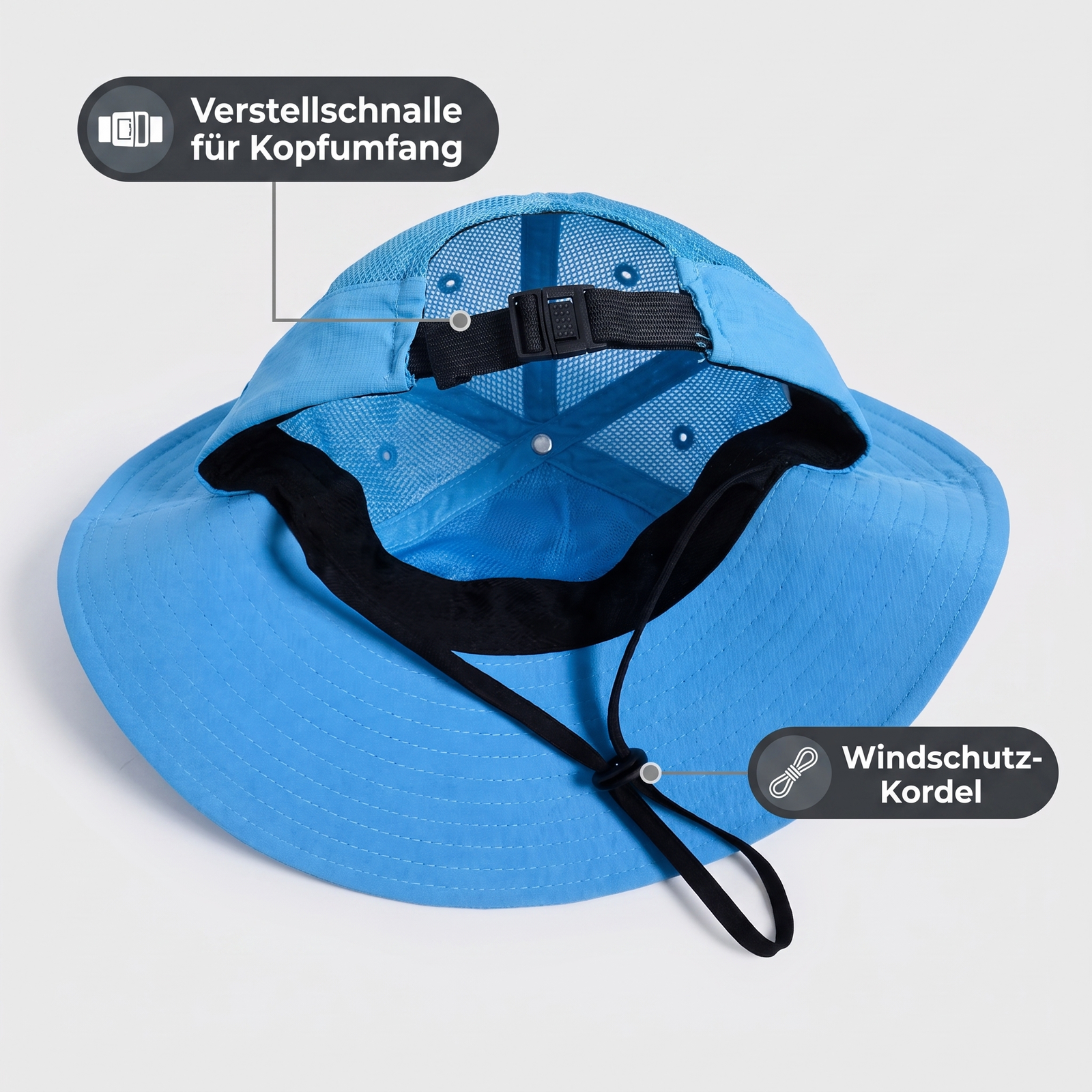 Wander-Fischerhut UPF 50+ Innenansicht mit Verstellschnalle für Kopfumfang und Windschutz-Kordel
